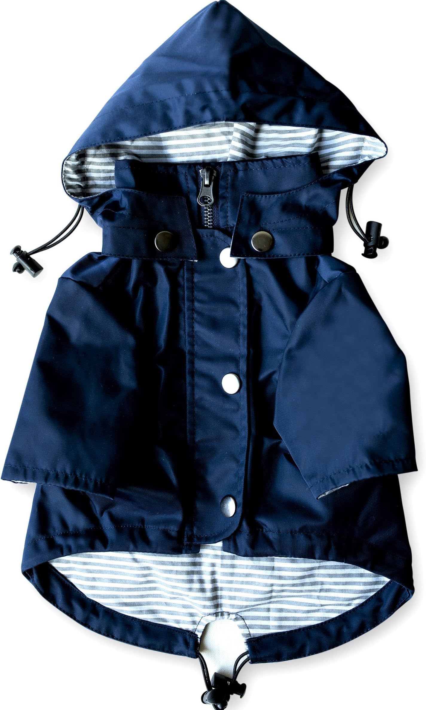 Zip Up Dog Raincoats with Reflective Buttons, Pockets, Rain/Water Resistant, Adjustable Drawstring, & Removable Hood - XXS to XXL - Stylish Premium Dog Raincoats (Navy, Medium)