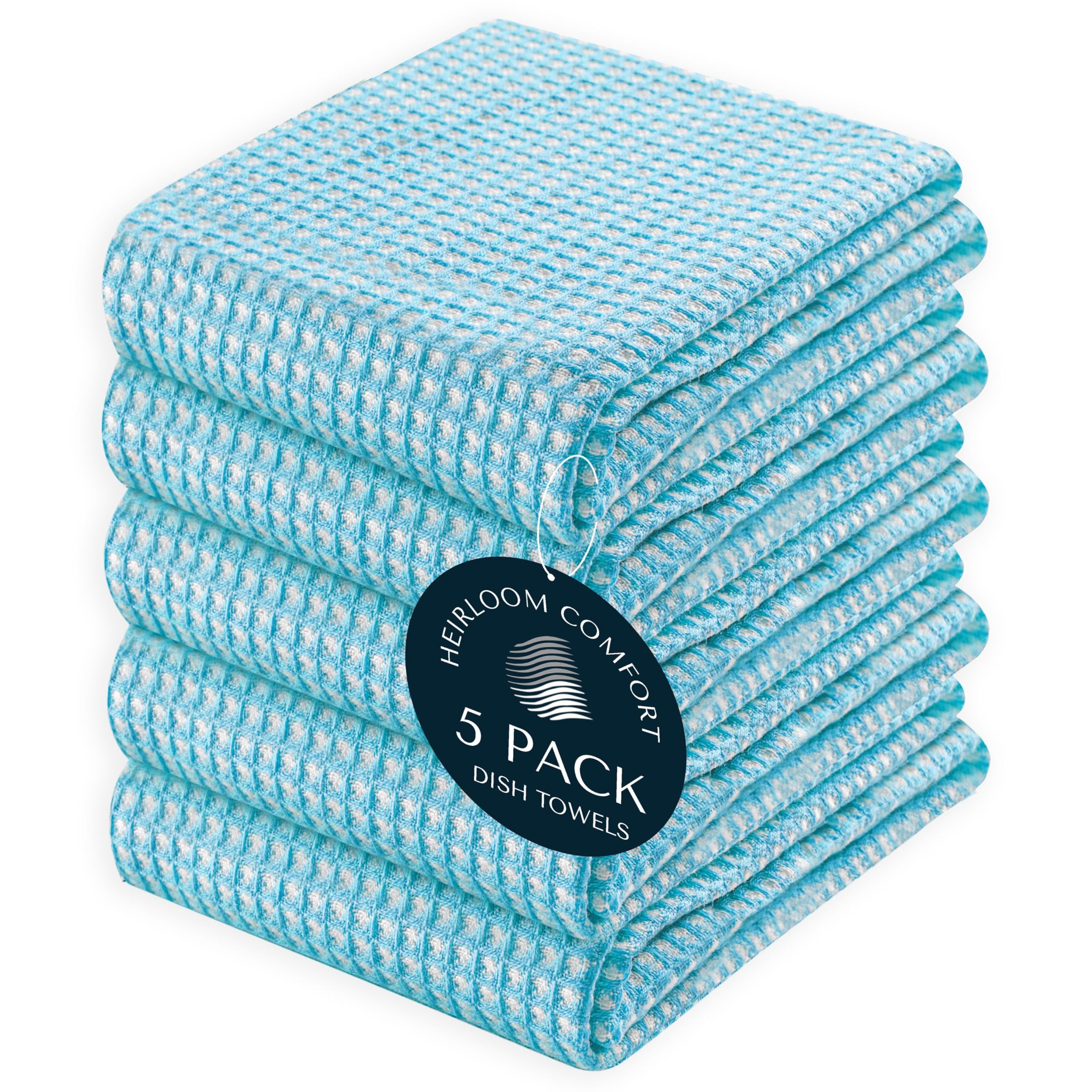 HEIRLOOM COMFORT 5 Pack Dual Tone Waffle Weave Kitchen Towels, 40x66 cm, 100% Cotton, Super Absorbent, Fast Dry, Durable Dishcloth Set, Soft Hand Towels, Cleaning, Machine Washable, Aqua Blue