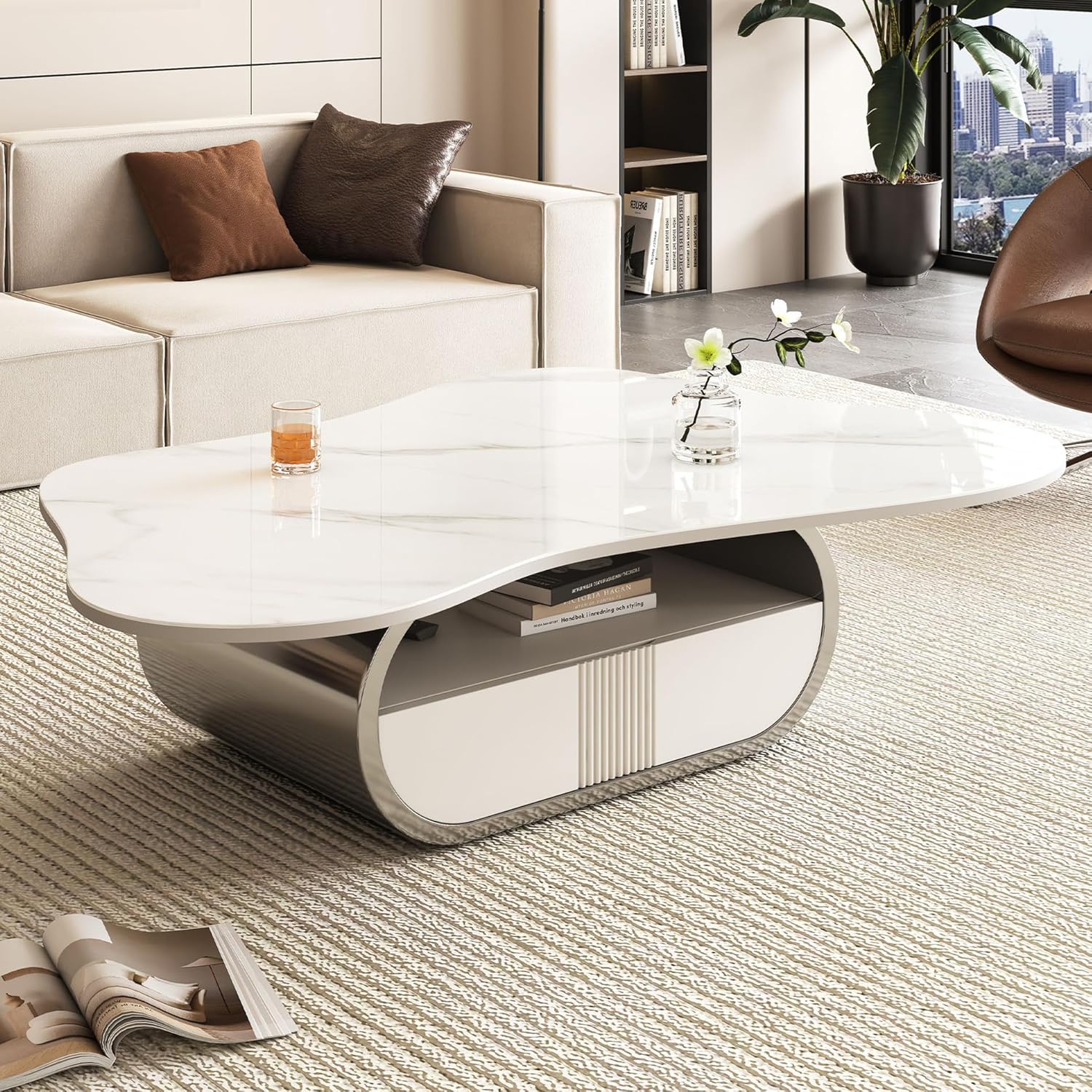 SSLine Modern Cloud Coffee Table Luxury Sintered Stone Top Coffee Table with Sculptural Geometric Stainless Steel Base and Storage Drawer,White Marble Grain Center Table for Living Room,Grey