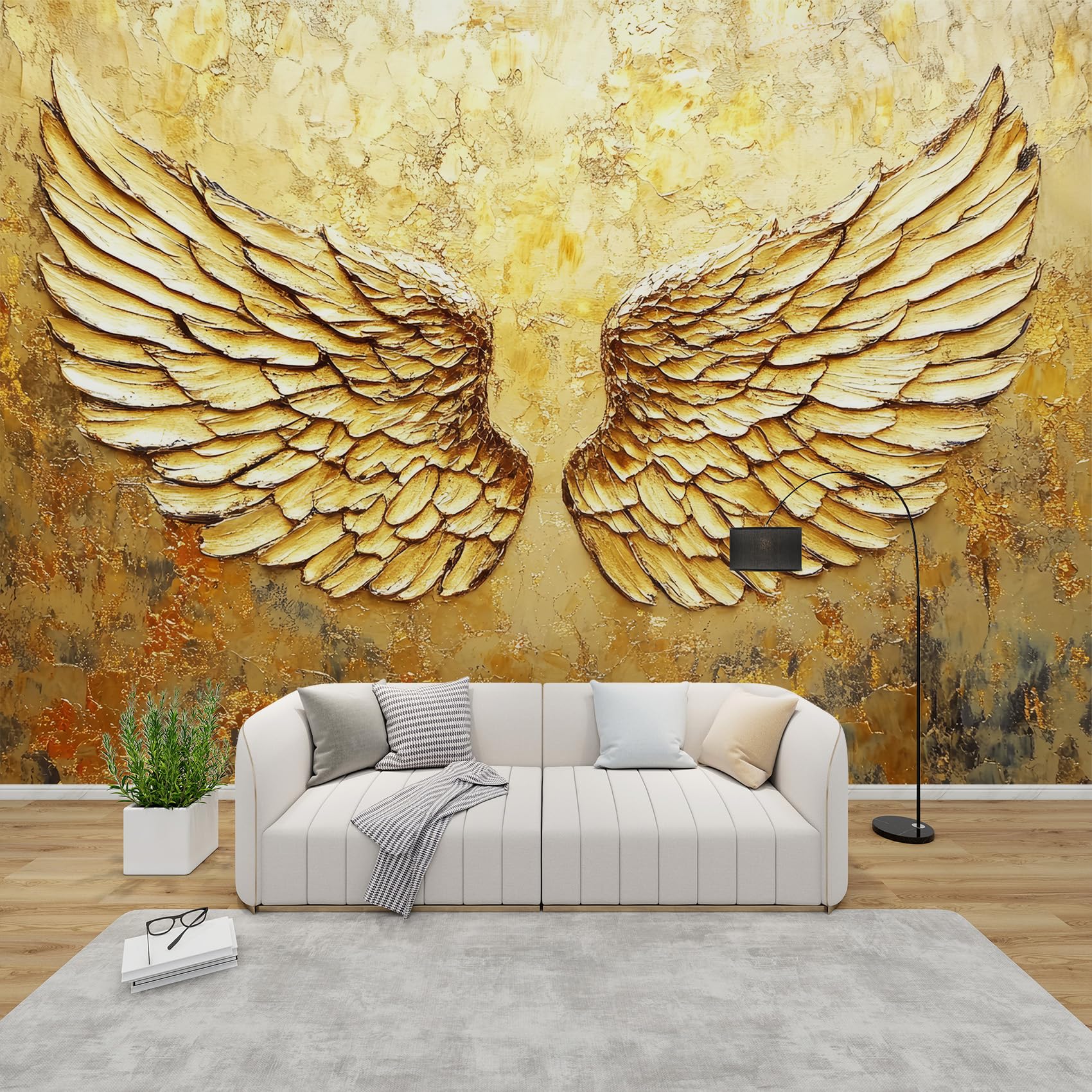 QEODAH Angel Wings Wallpaper for Living Room, Gold Feather Wall Art for Bedroom, Luxury Wings Wall Murals for Bedrooms, Renter Friendly Removable Waterproof Non-Woven Photo Wallpaper 3D, 100x70 cm
