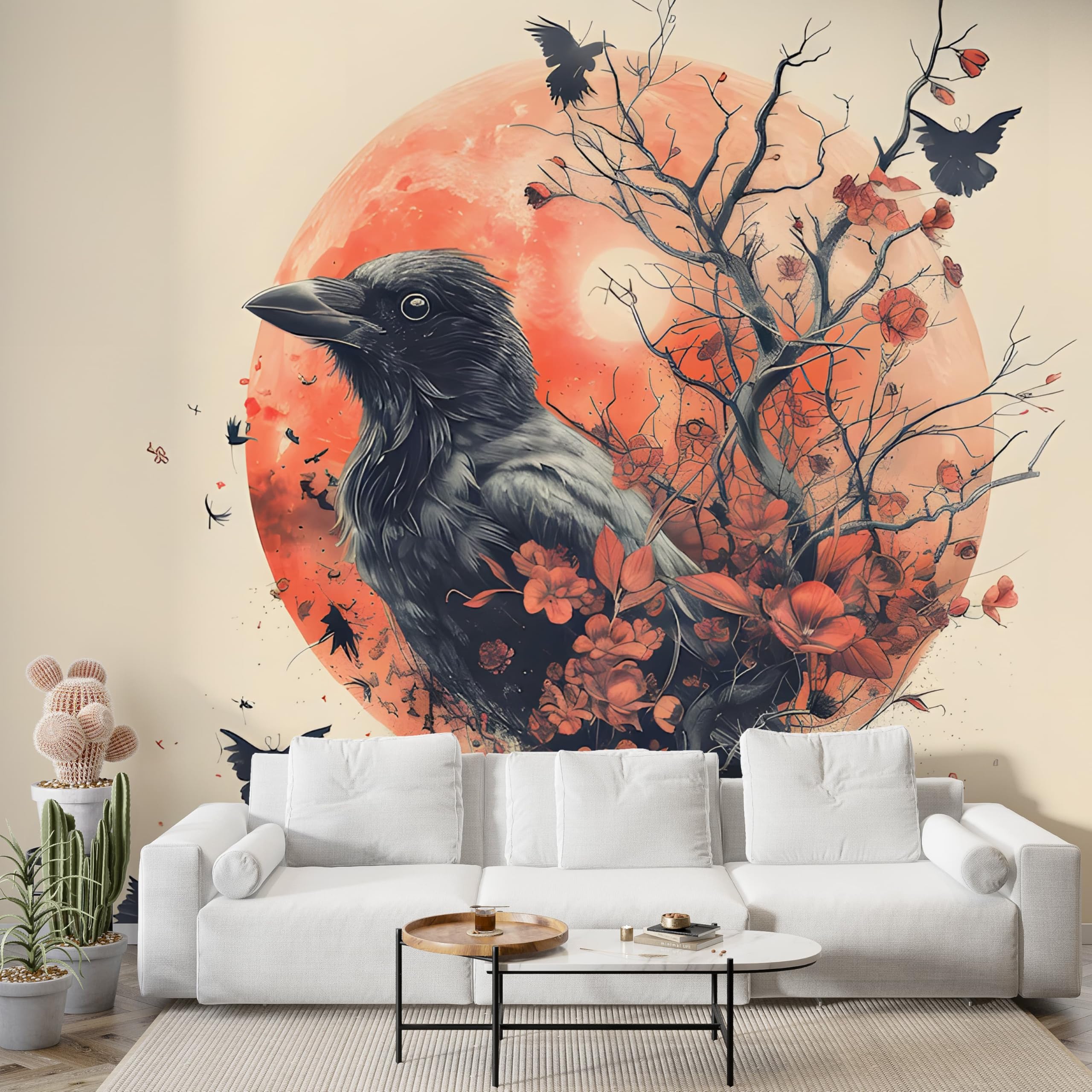 Papier peint panoramique corbeau branches fleurs décoration murale