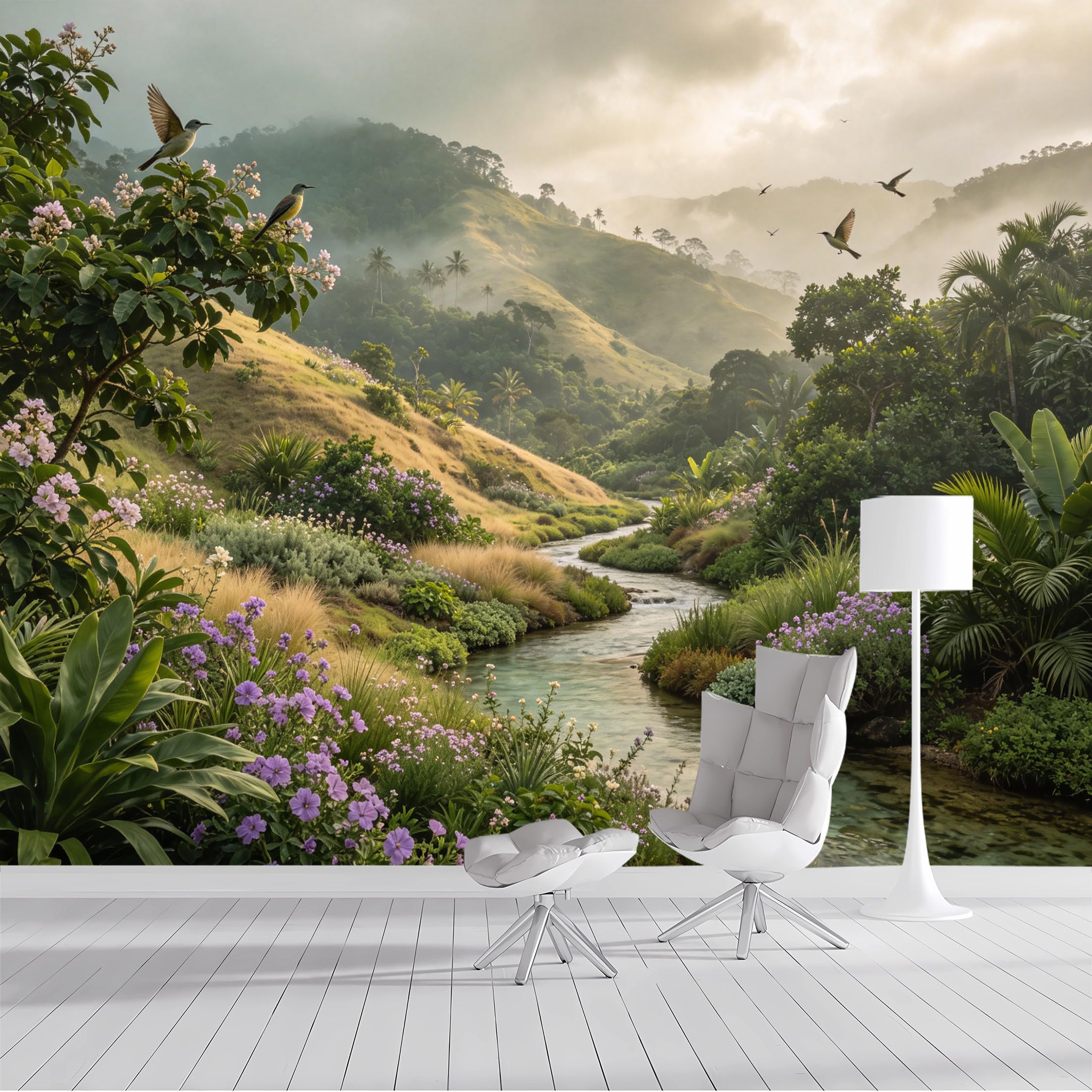 Custom Size Wall Mural Tropical River Misty Mountains Scenic Landscape Watercolor Birds SelfAdhesive Wall Fabric Removable Peel and Stick Wallpaper for Living Room Bedroom Bathroom