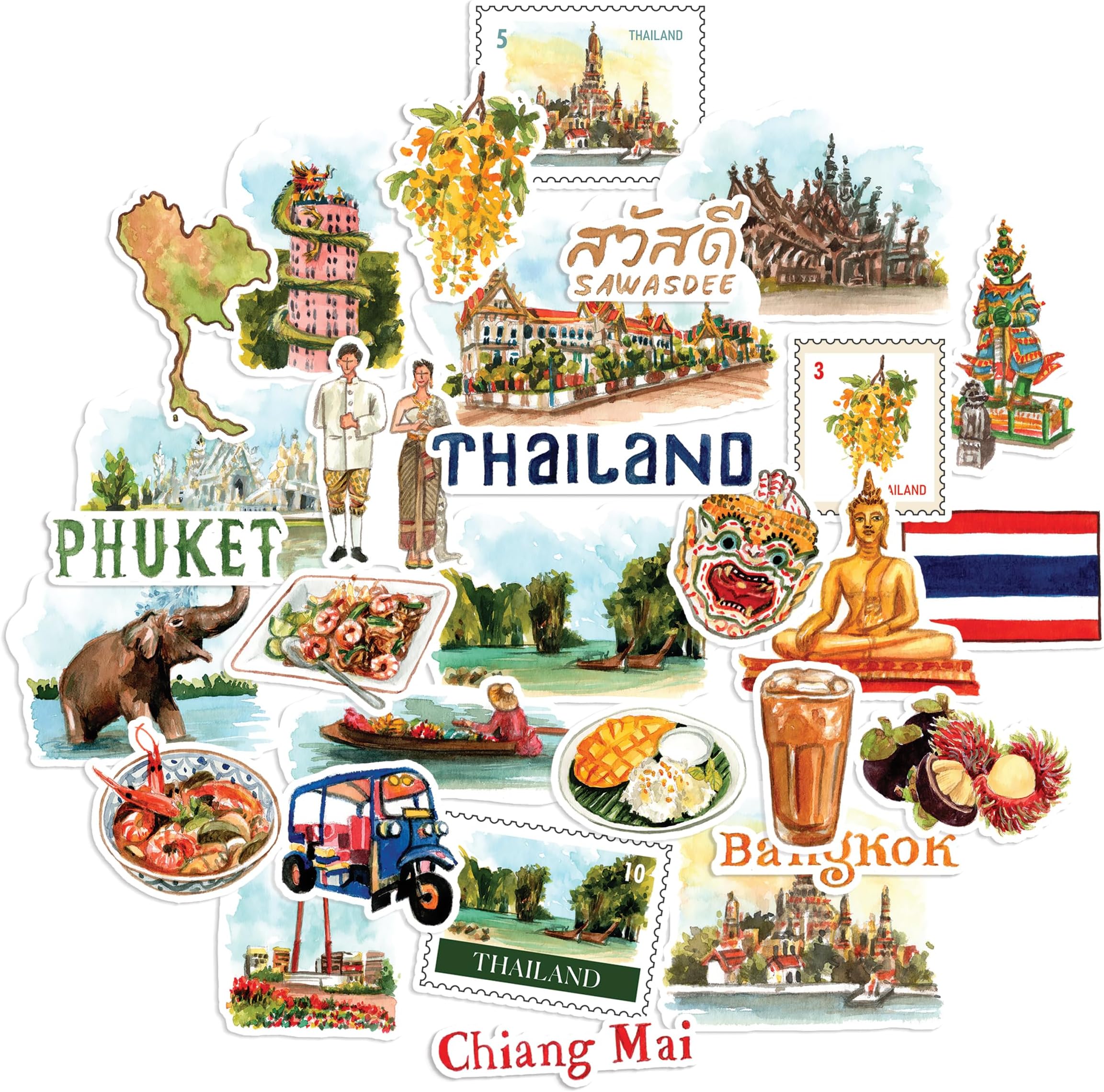 Navy Peony Amazing Thailand Travel Stickers (30pcs)-Watercolor Country Themed Iconic Vacation Decals for Journals, Scrapbooks, Water Bottles