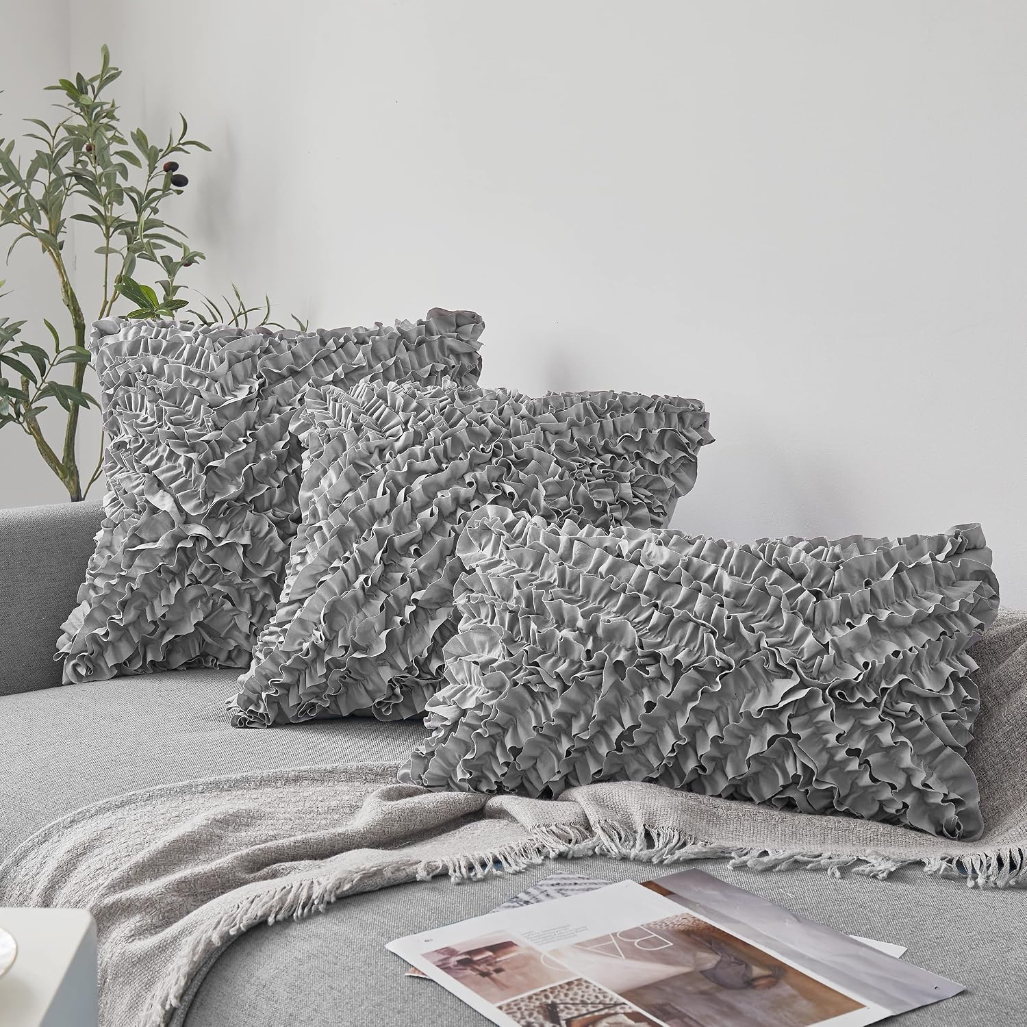 Oubonun 20 x 20 Decorative Throw Pillow Covers Boho Set of 2 - Farmhouse Floral Pillow Covers - Polyester Pillowcase with Zipper - Romantic Fluffy Soft Pillow Covers for Couch Sofa Bed(Grey)
