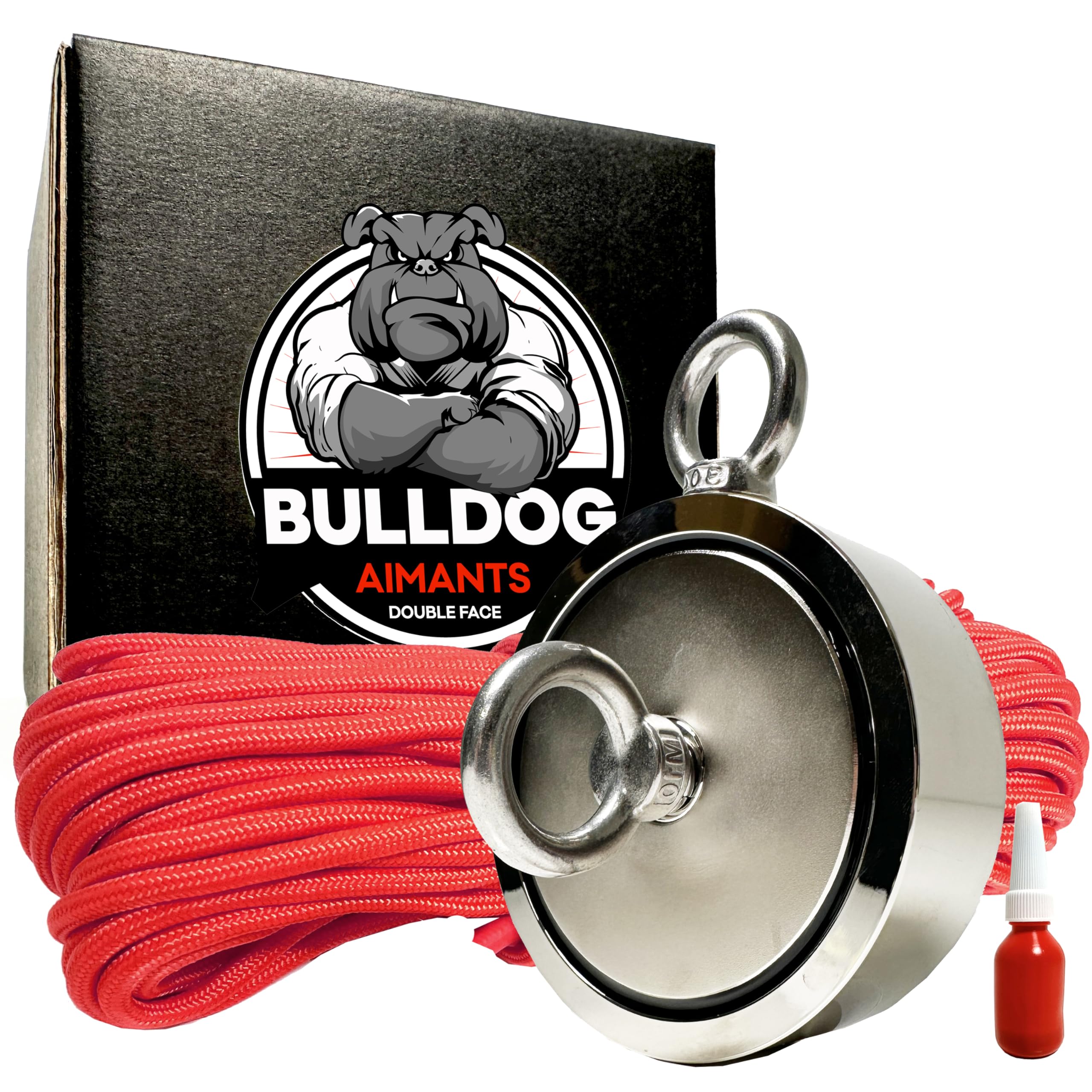 AIMANT NÉODYME BULLDOG DOUBLE FACE 800KG + CORDE RENFORCÉE 30M (8MM) + COLLE - Aimant Pêche Puissant - Pêche Magnétique