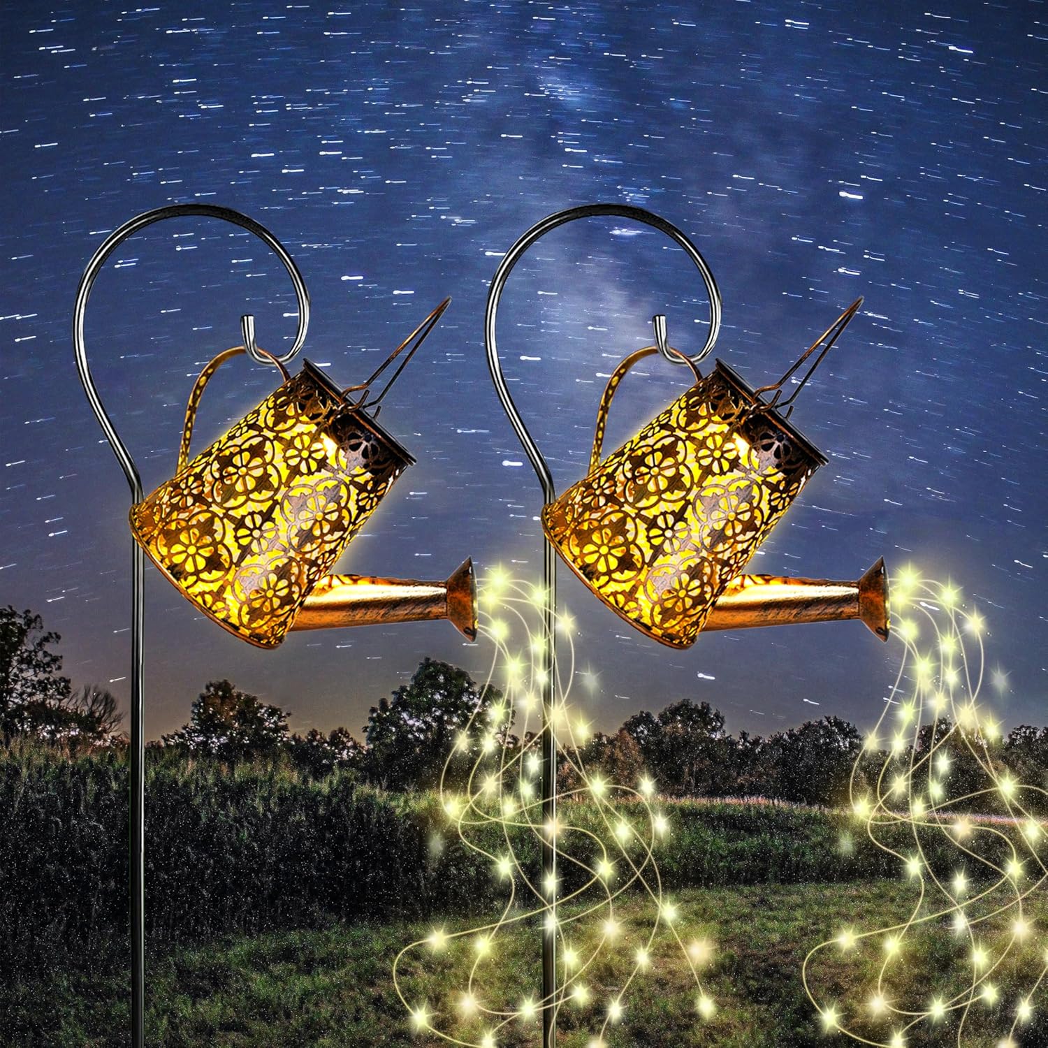 Solar Garden Watering Can Lights with Cascading Lights, 2 Pack Outdoor Hanging Lanterns for Garden Decor,Fairy Gardening Gifts for Mom Birthday, Perfect for Patio Yard Pathway