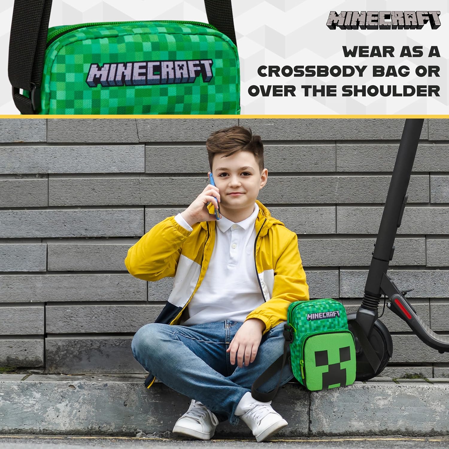 Minecraft Creeper Crossbody Bag for Teens, Phone Pouch or Mini Messenger Set, Shoulder Bag for Travel