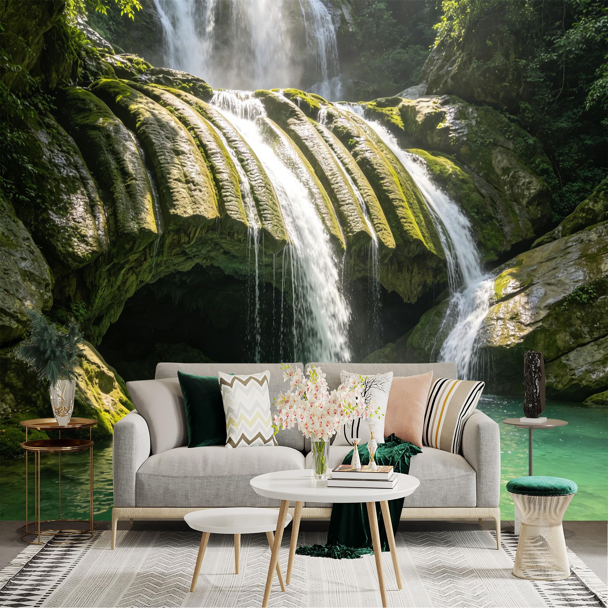 Lnzczhyre Dbh260521799 Custom Size Wall Sticker Mural， Cascading Tropical Waterfall， Lush Mossy Rocks， Serene Emerald Forest Pool， Natural Landscape Scenery， For Wall Decoration， Peelandstick Wall Decals.
