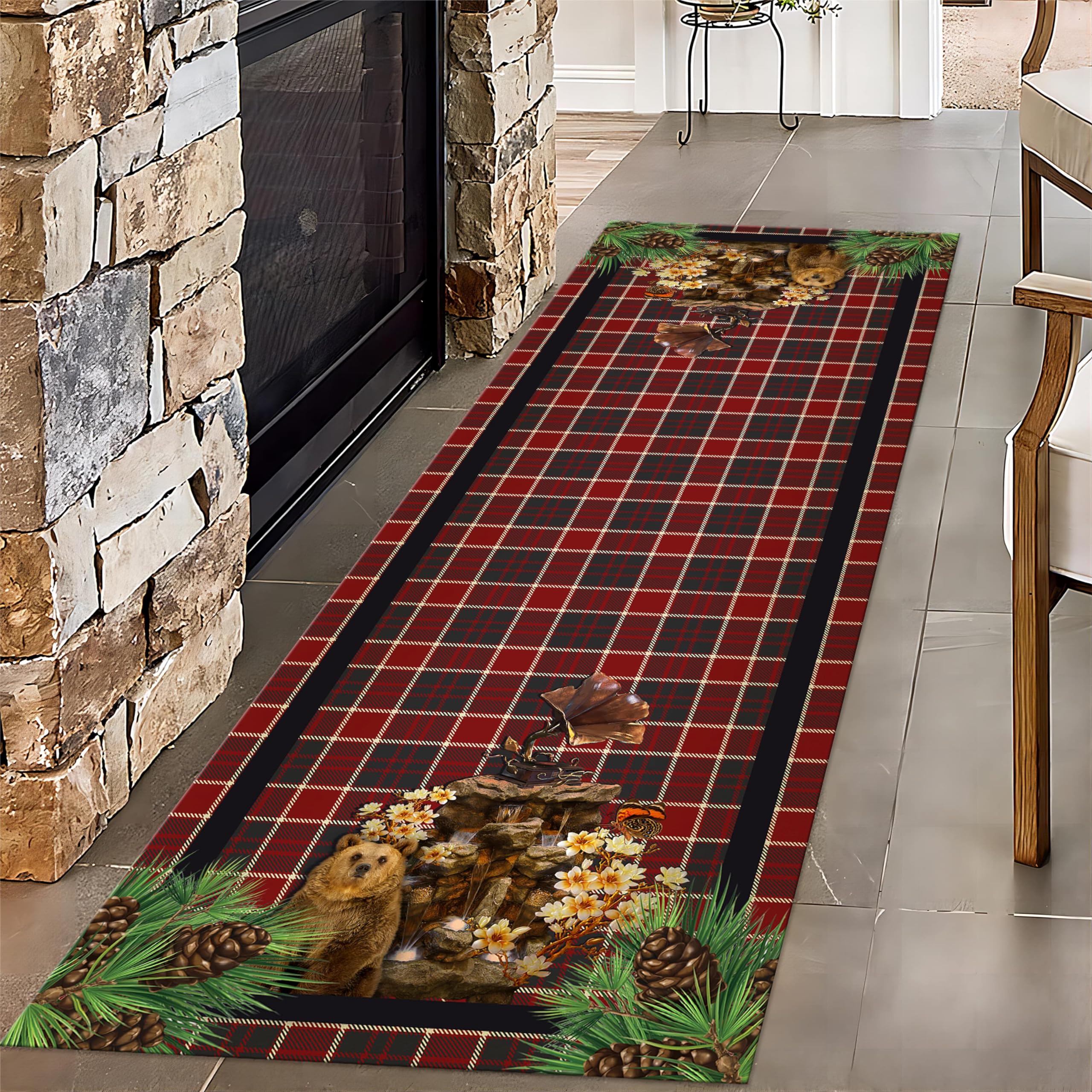 MUOUCTE Retro Country Red Plaid Runner, 2.6x7ft, Woodland Pinecone Brown Bear Entrance Rug with Non Slip Backing, Washable, Non-Shedding Durable Low