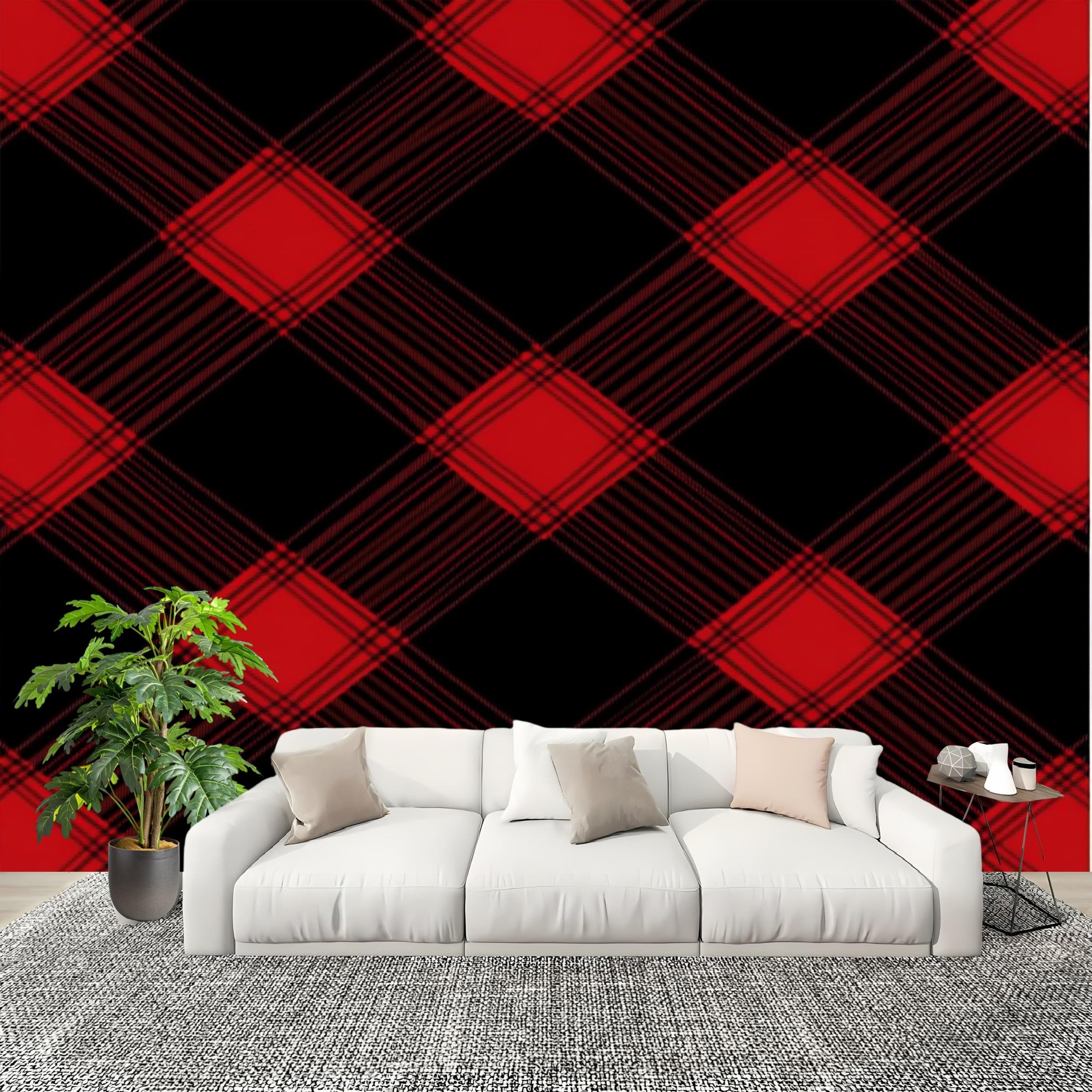 Papier peint panoramique chambre enfant géométrique tartan rouge intissé