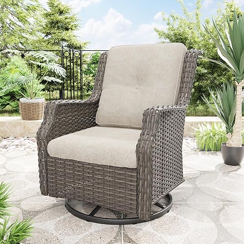 MeetLeisure Silla giratoria para patio al aire libre, silla giratoria de 360 grados con cojines de tela de capa catiónica repelentes al agua de 3.5