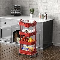 Vista 4 de Simple Houseware 4-Tier Multifunctional Rolling Utility Cart with Hanging Buckets, Red Rojo