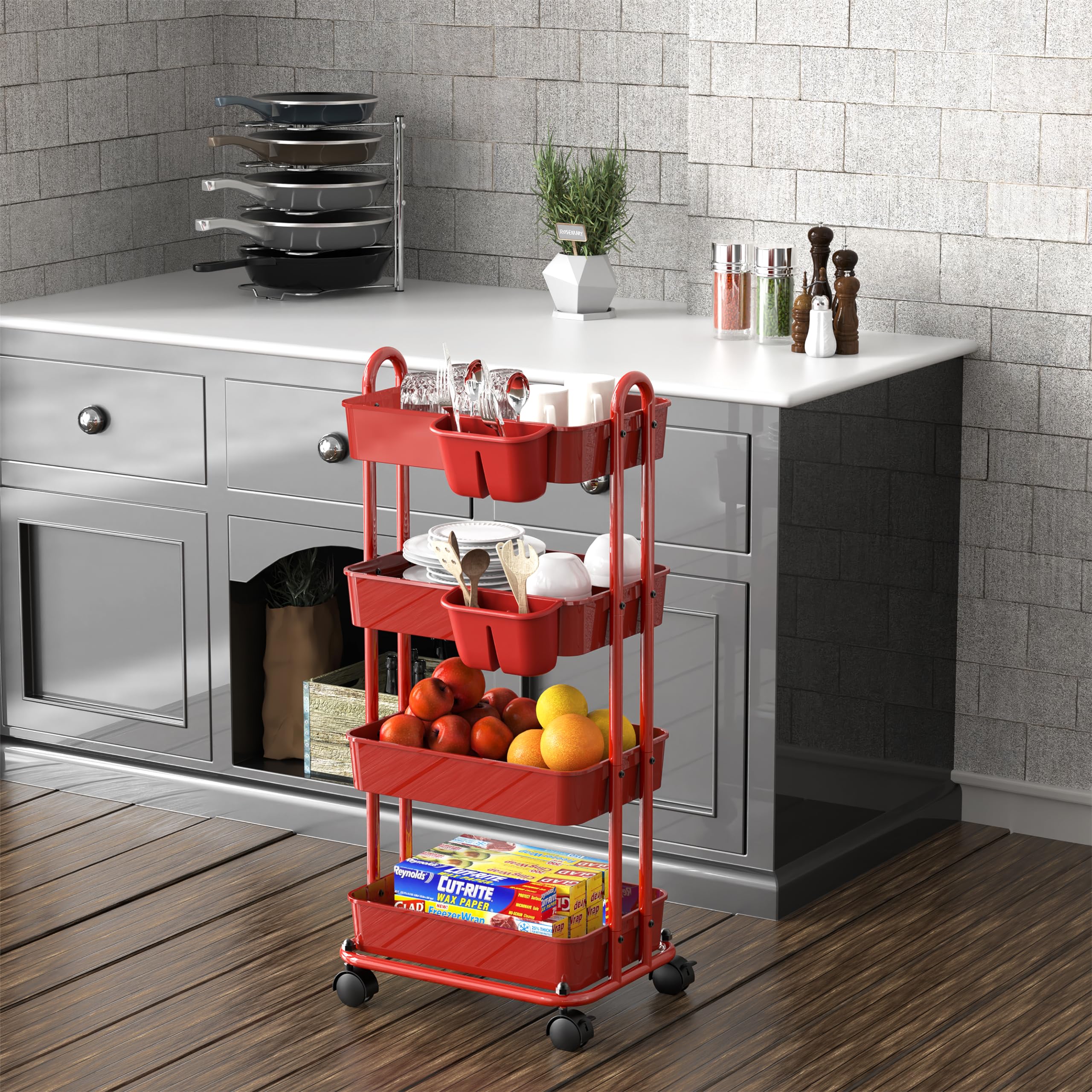 Simple Houseware 4-stufiger multifunktionaler Rollwagen mit Korbtrennwänden und hängenden Eimern, Rot