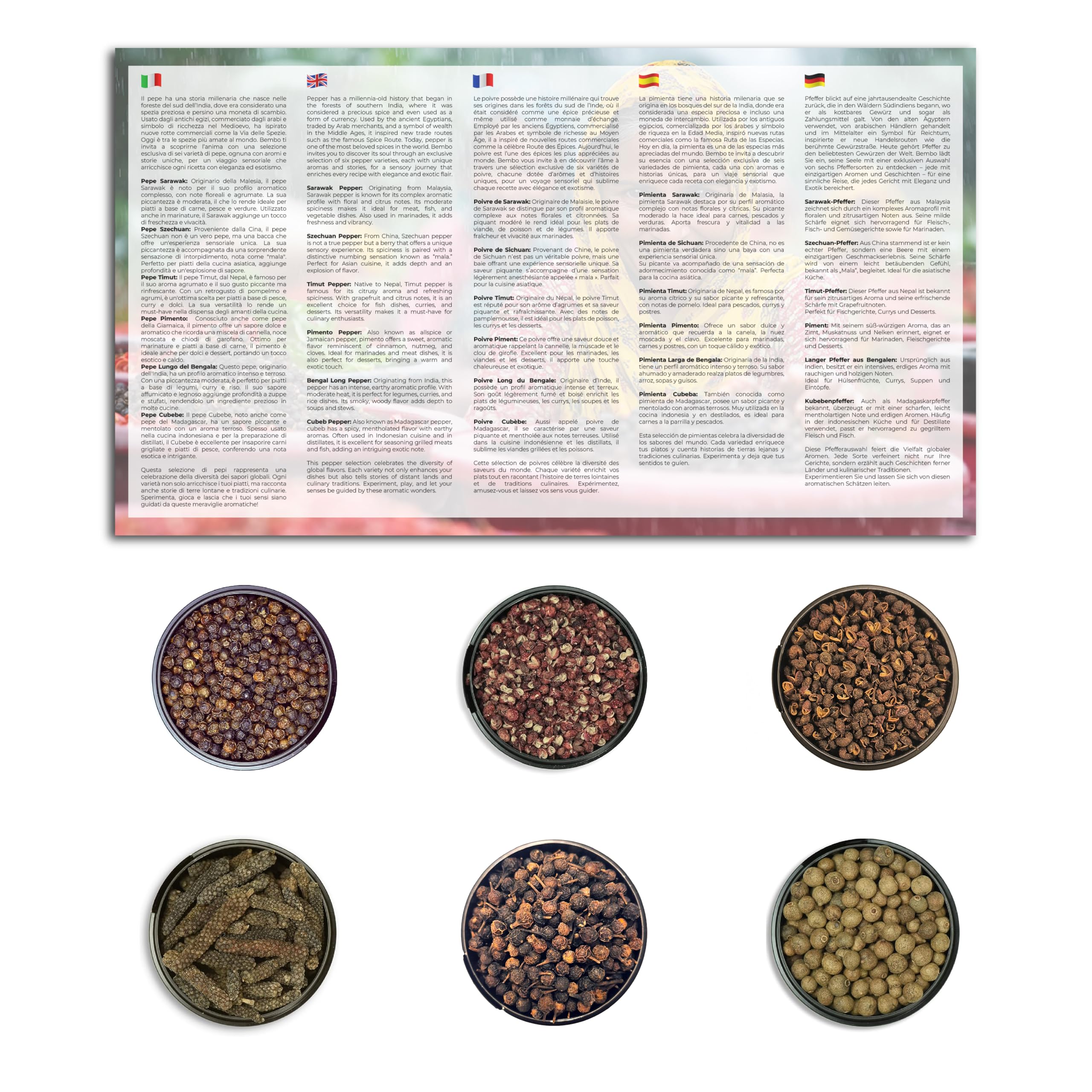 Set Pimientas Gourmet Bembo – 6 Pimientas Raras del Mundo – Pack Especias Regalo – Kit Cocina Gourmet