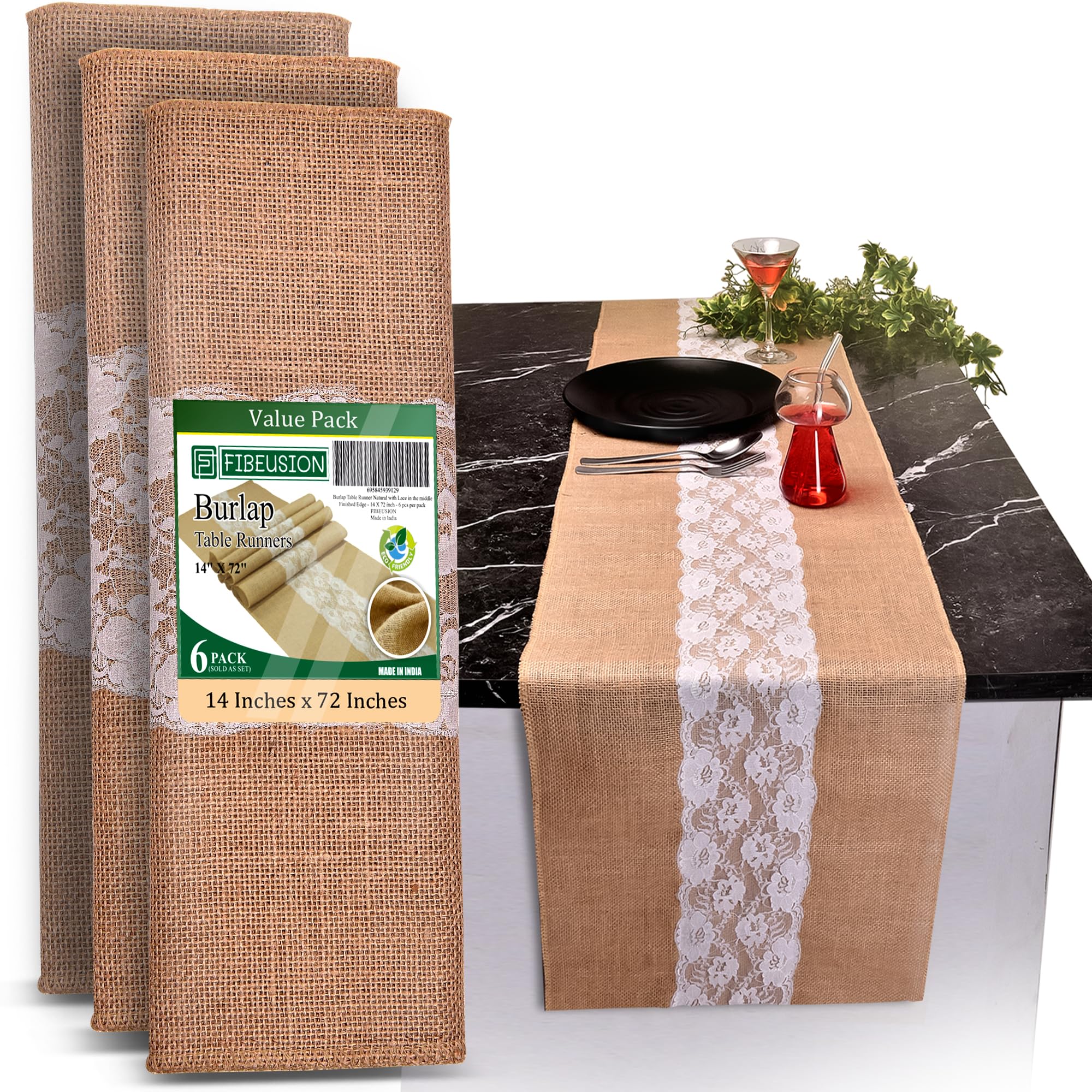 Lot de 6 chemins de table en toile de jute - 35,6 x 182,9 cm - Bords naturels sans effilochage - Sans odeur, respectueux de l'environnement - Parfait pour Noël, mariage, Thanksgiving