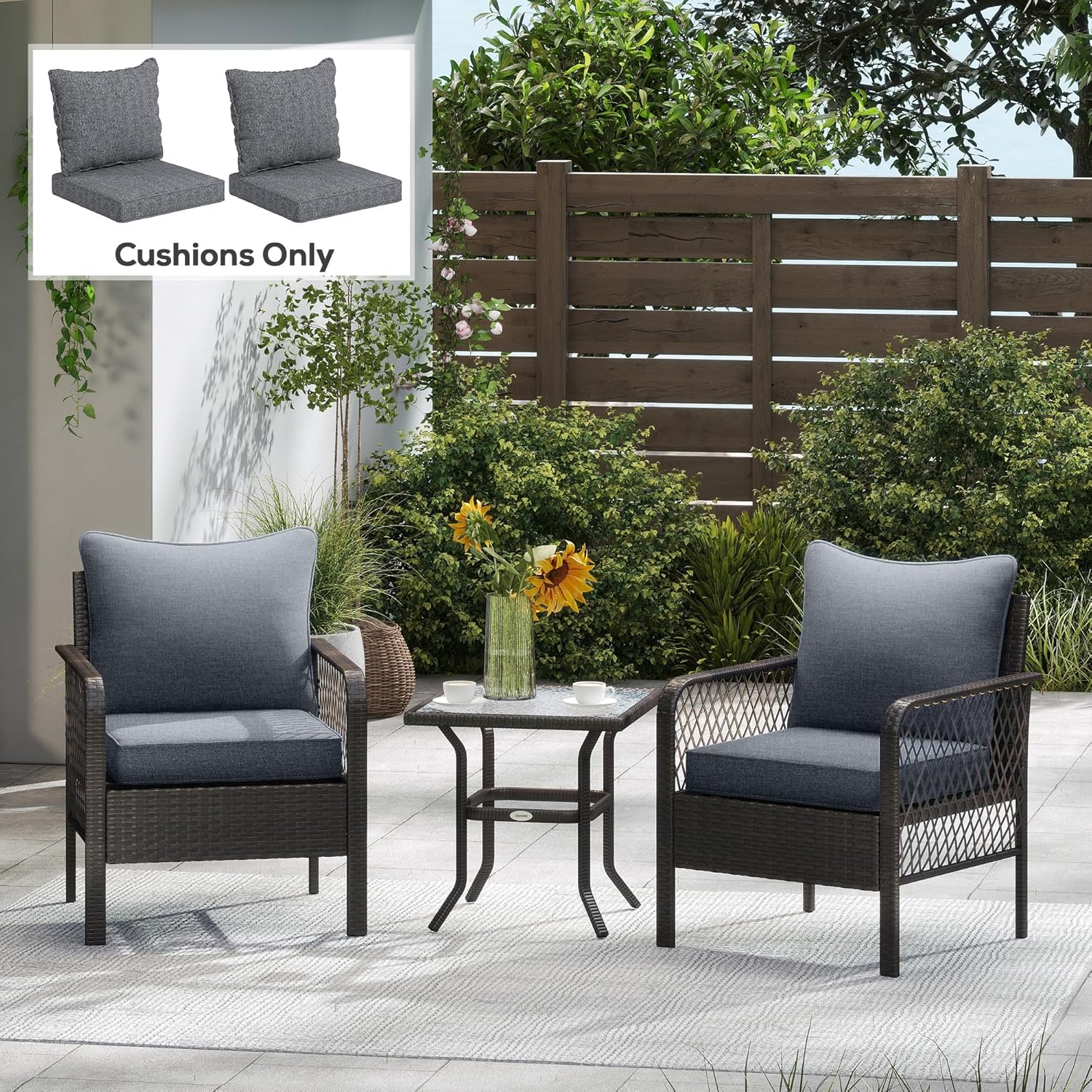 Two sets of gray Outsunny chair cushions, each set consisting of a seat cushion and a back cushion, displayed on a white background.