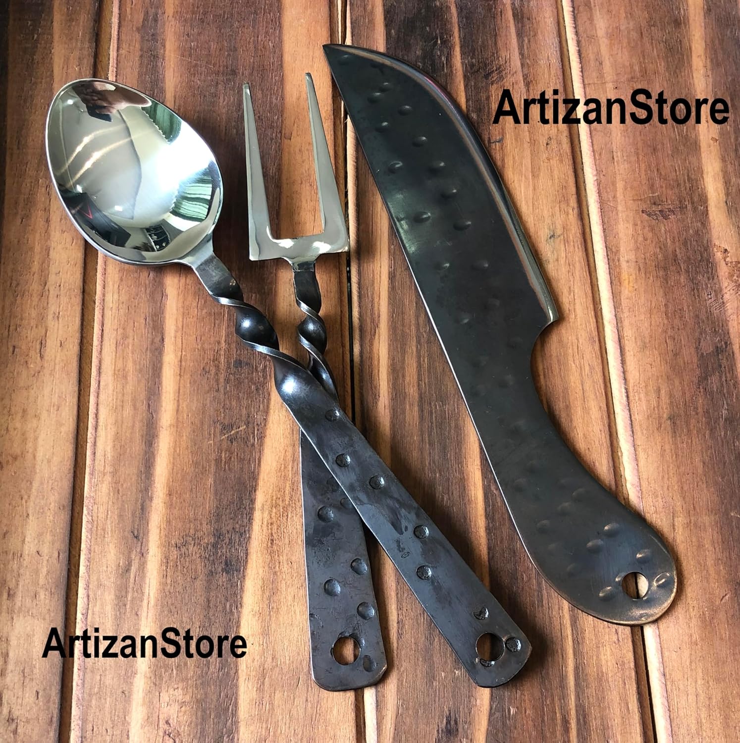 ARTIZANSTORE Hand Forged Iron Utensils | Medieval Eating Utensil Set with Twisted Handle Design | Ideal for Viking Feastware & Camping