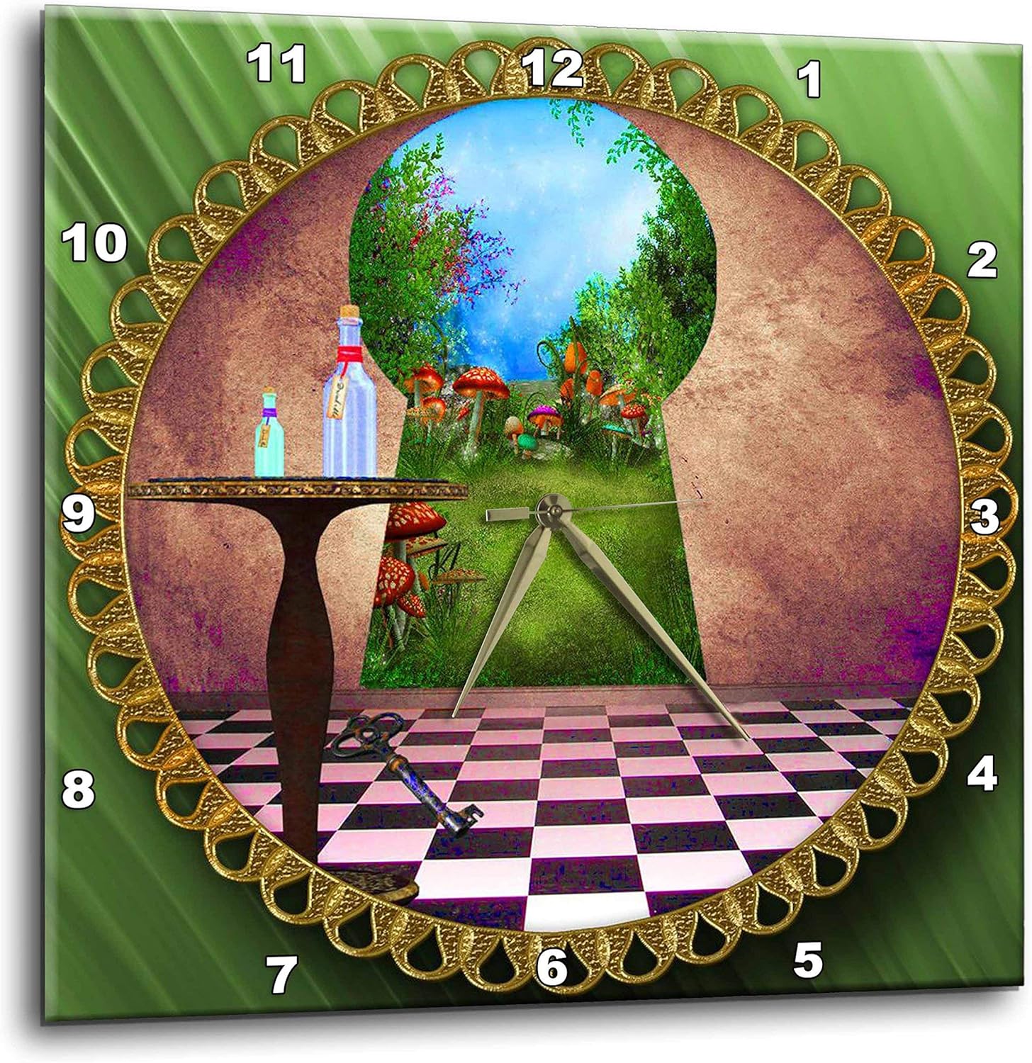 3dRose LLC DPP_128860_3 Wall Clock, 15 by 15-Inch, Through The Keyholes Alice in Wonderland Art Checkered Floor Bottle of Magic Water