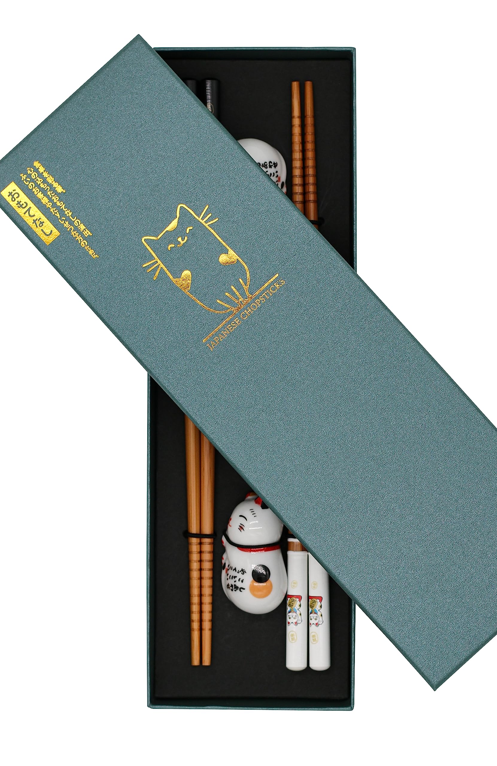 Sushi Essstäbchen Set Katze Kätzchen 2 Paar inklusive Keramik-Unterleger Cat Premium Holz Nachhaltig Chopsticks Japanisch Chinesisch Koreanisch Taiwanesisch