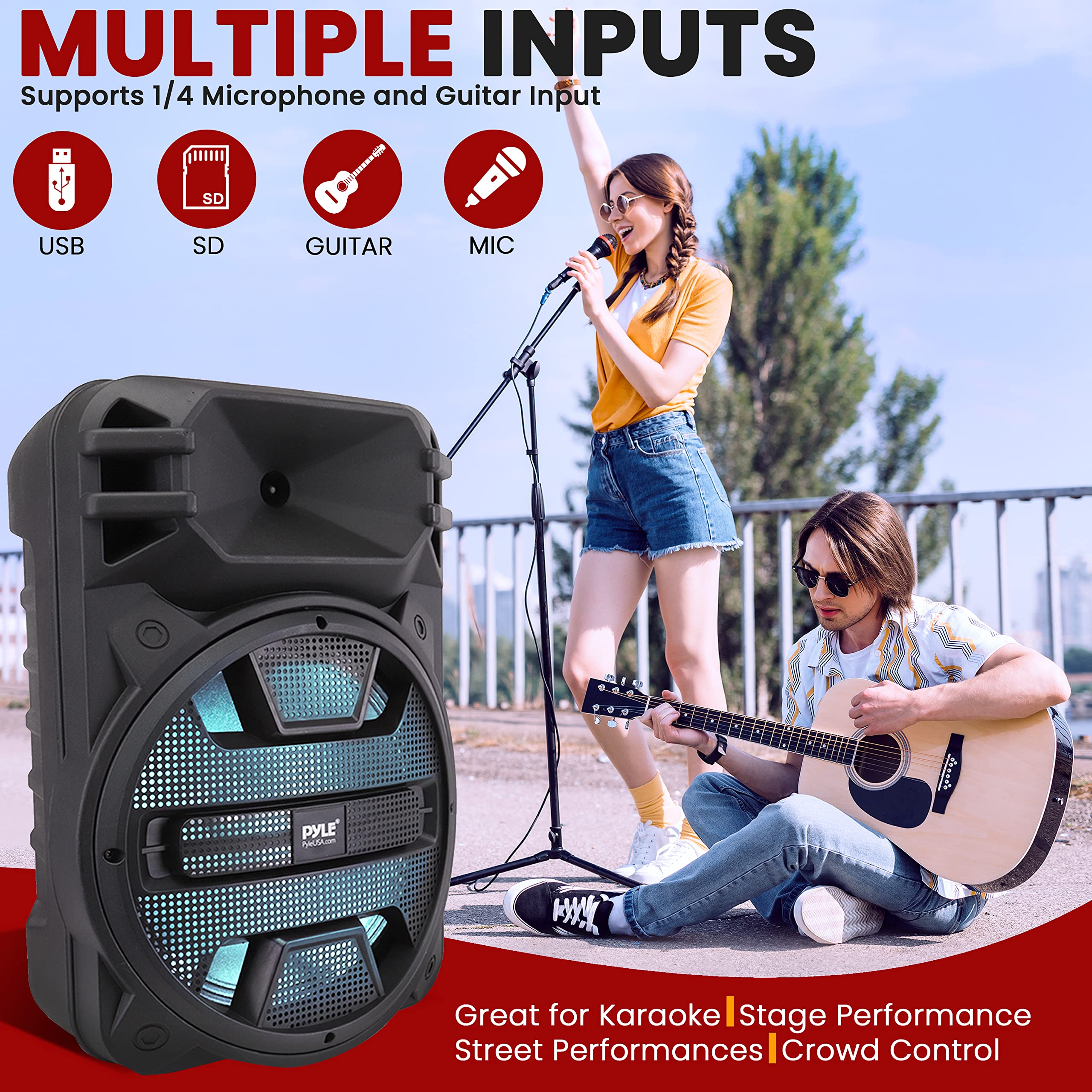 Pyle Portable Bluetooth PA Speaker System - 800W Outdoor Bluetooth Speaker Portable PA System w/Microphone In, Party Lights, USB SD Card Reader, FM Radio, Rolling Wheels - Remote Control