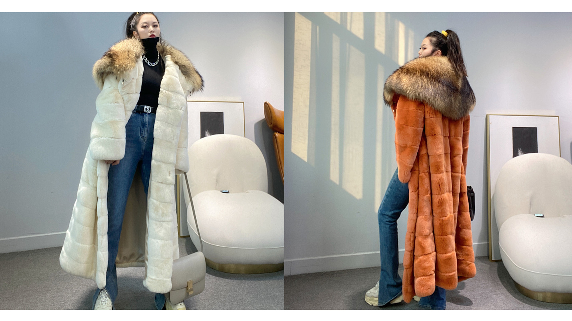 Denny&Dora Women's Rex Rabbit Fur Coat Elegant Long Coat With Big