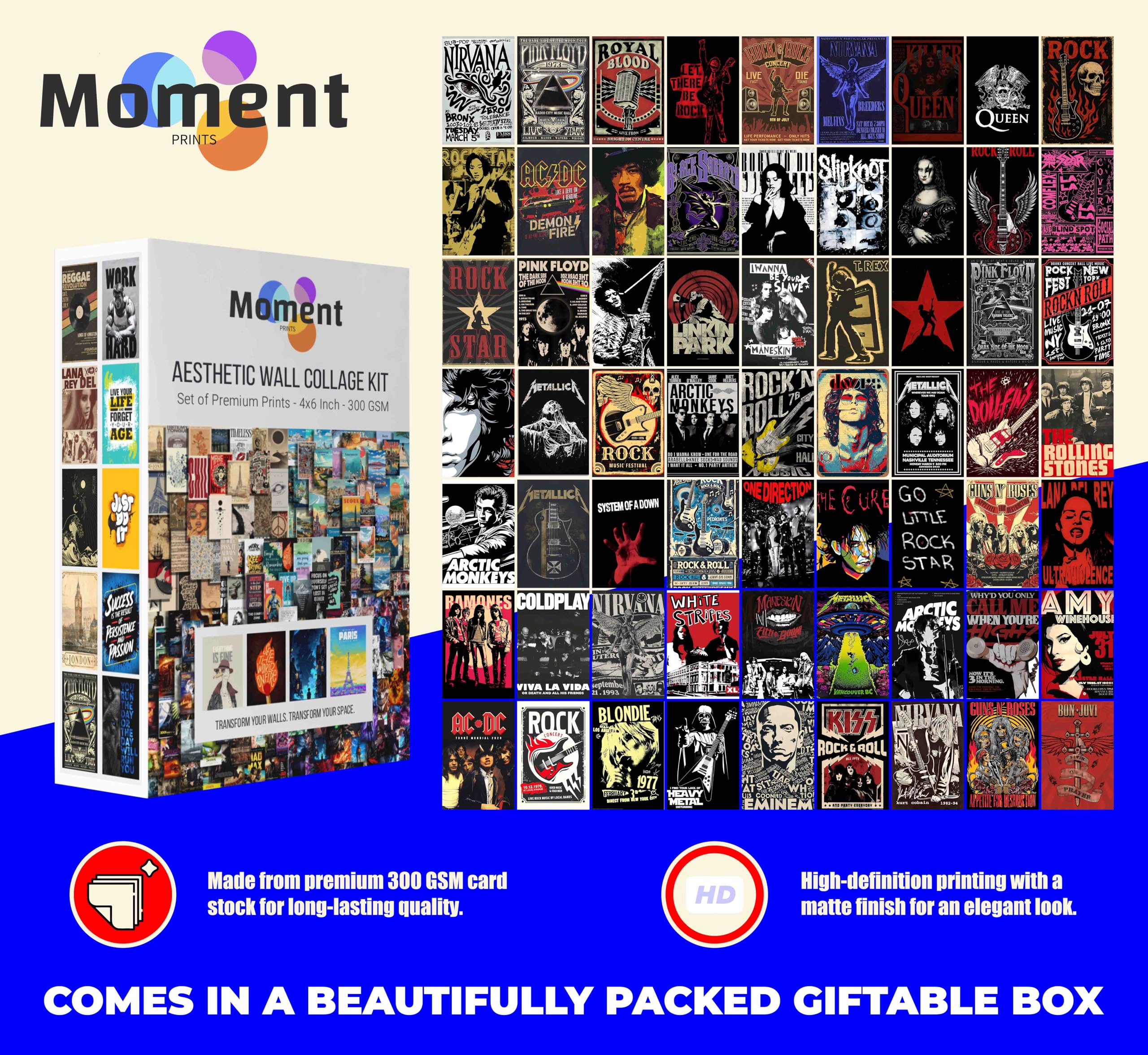 Moment Prints Rock Band Wall Decor Kit – Set of 63 Music Posters | 4x6 inch | 300 GSM Thick Cardstock & Double-Side Tape Included – Music Posters for Wall, Home Decor for Living Room & Bedroom 4