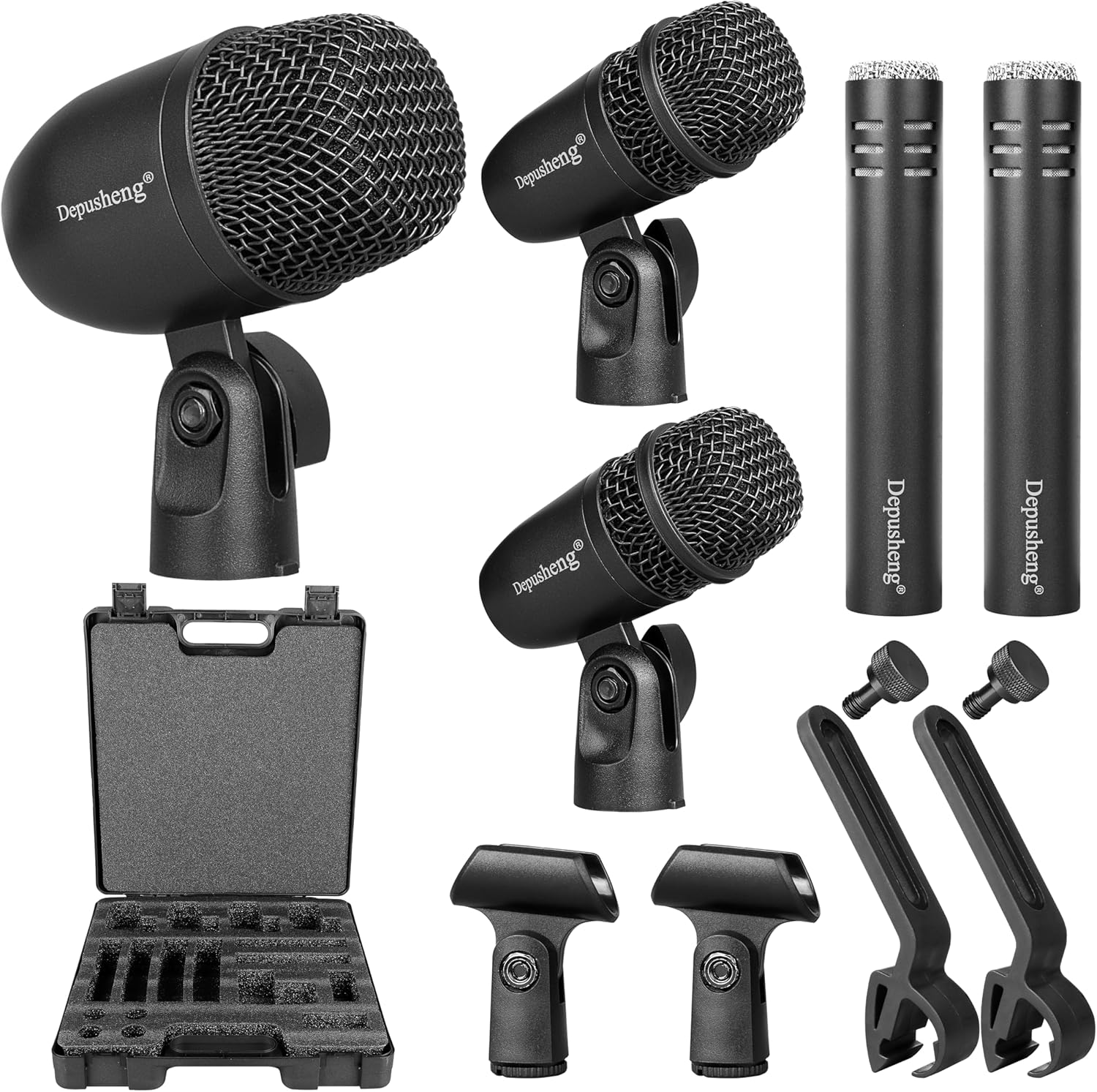 Depusheng 5-Piece Drum Microphone Set with 3 Dynamic Percussion Microphones and 2 Condenser Percussion Microphones, Ideal for Instrument Recording and Music Production