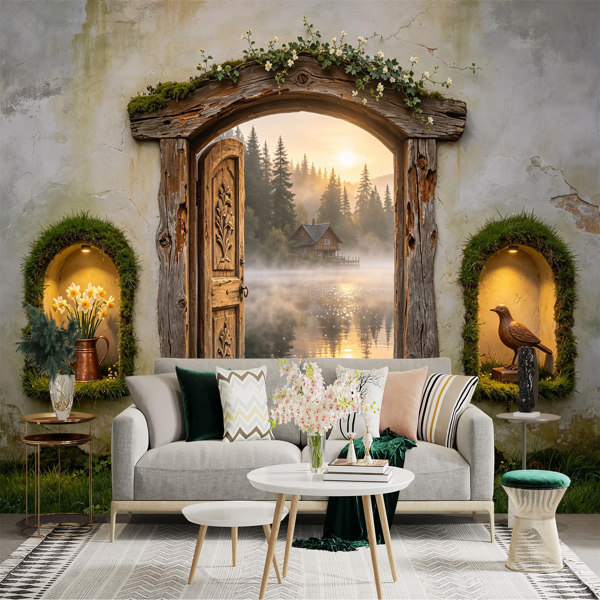 Custom Size Wall Sticker Mural， Rustic Wooden Door， Misty Lake Cabin， Forest Sunrise Landscape， for wall Decoration， peelandstick wall Decals.