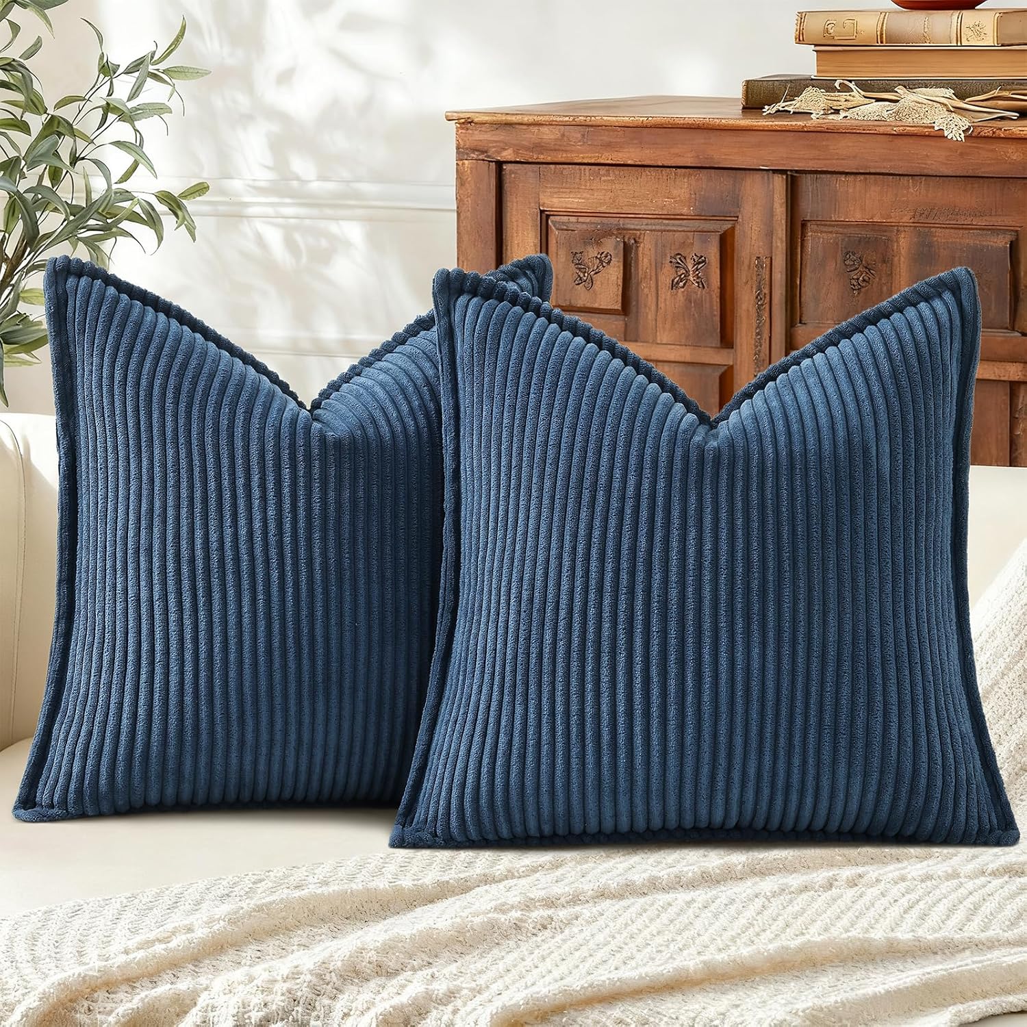 Mecatny Corduroy Throw Pillow Covers 20x20 Set of 2, Neutral Decorative Soft Boho Couch Pillow Covers with Broadside for Sofa Living Room, Navy