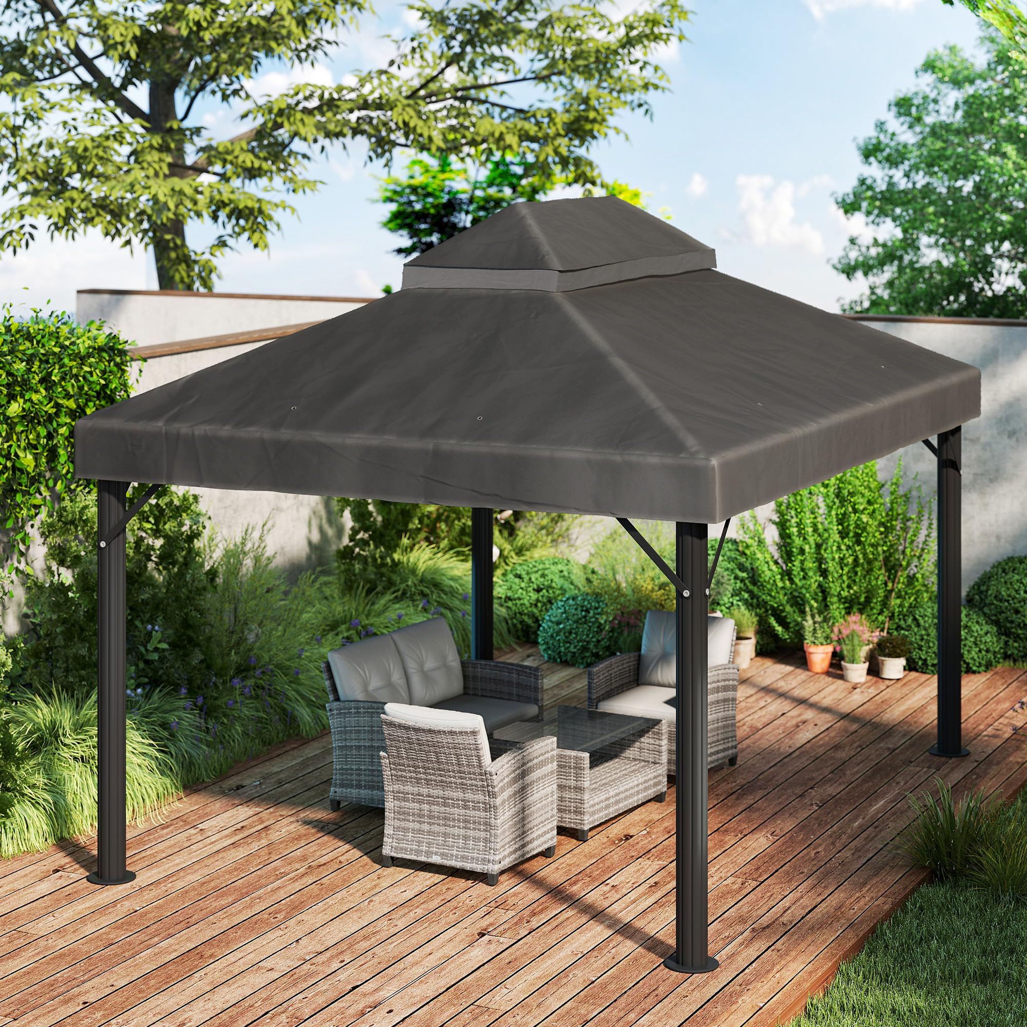 Outsunny Toile de Rechange pour Pavillon 4x3 m, Toit Double, Polyester 370 g/m², UPF30+, Gris Foncé