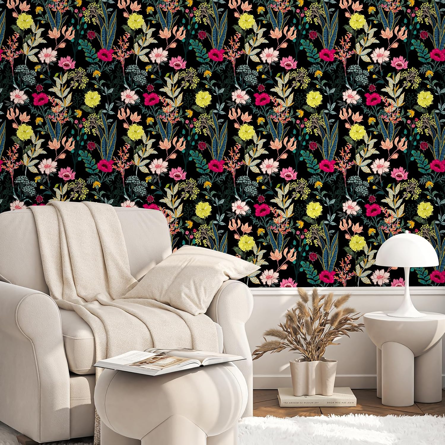 CHIHUT 17.7”x100” Black Floral Peel and Stick Wallpaper Vintage Botanical Wild Flower Ladybug Greenery Wallpaper Self Adhesive Removable Renter Friendly Waterproof Wall Mural for Bedroom Accent Walls