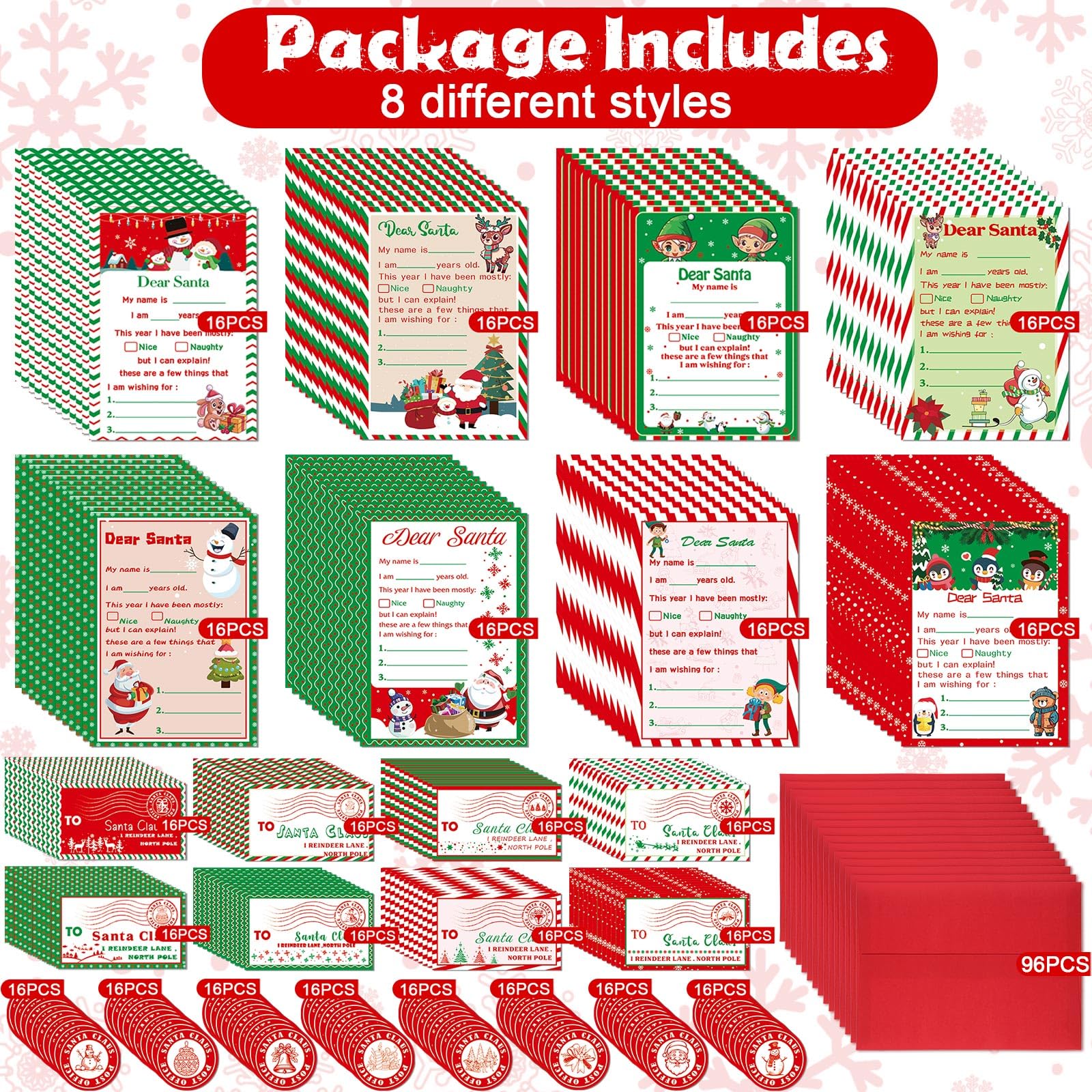 Sinload Kit ufficiale con lettere a Babbo Natale, 512 pezzi, include biglietti di Natale da 12,7 x 17,8 cm, con buste, adesivi, francobolli, lettere a Babbo Natale, per lista dei desideri di Natale