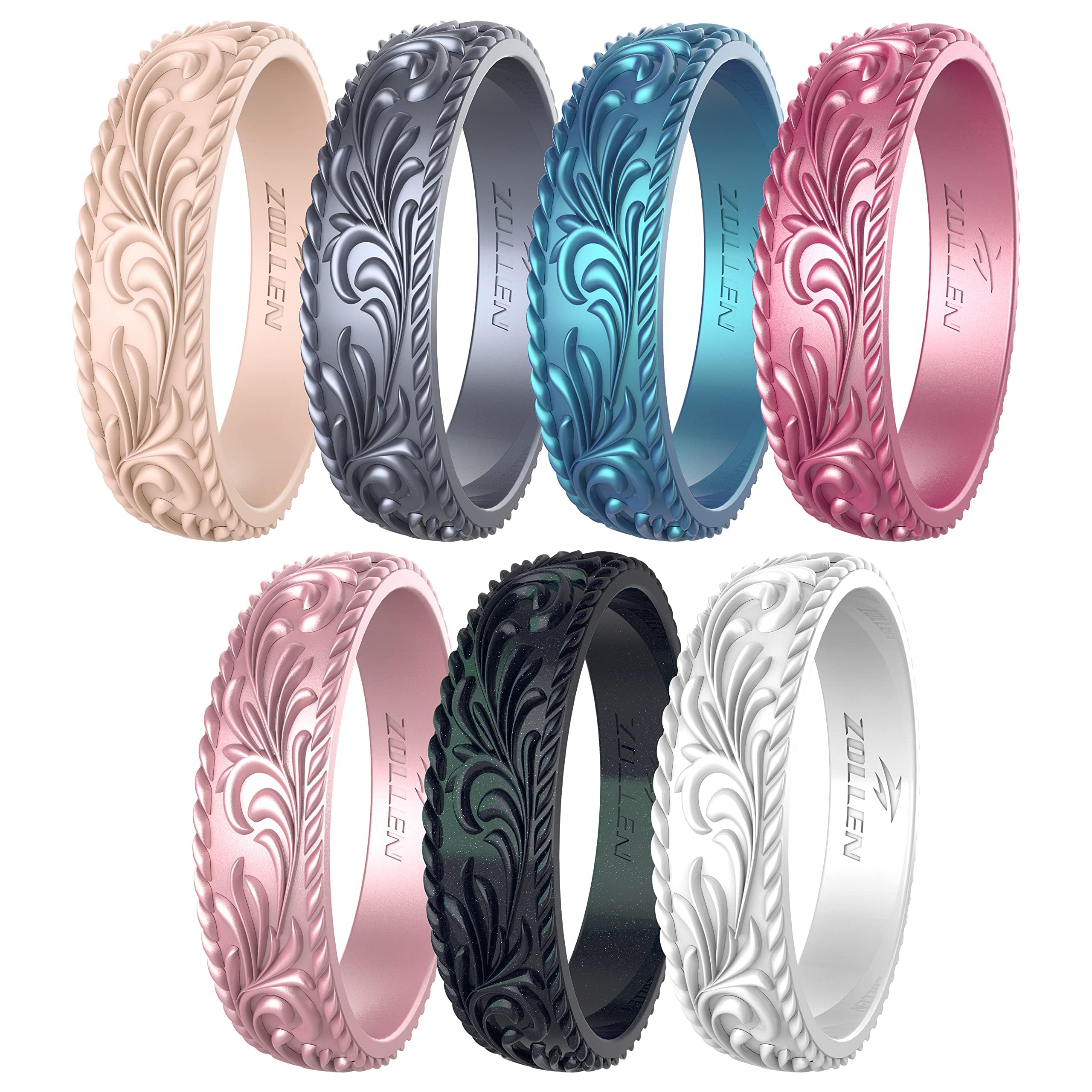 Zollen Silicone Wedding Rings for Women 4/7 Packs -Metallic Stackable Silicone Rubber Wedding Bands -Innovative Vine Collection