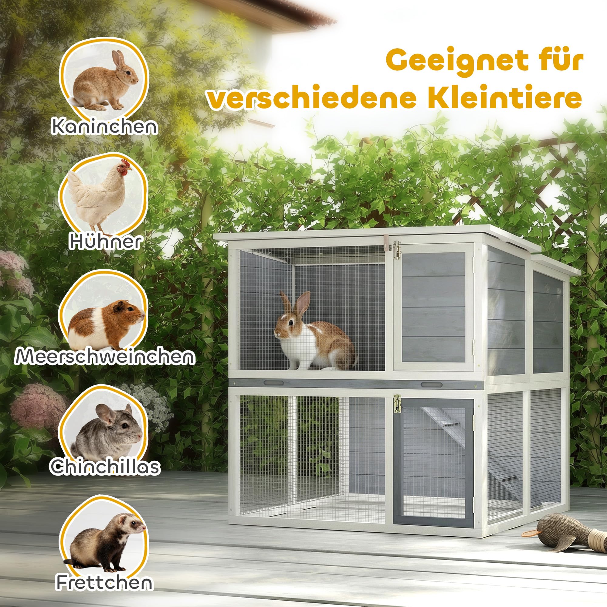 PawHut Hasenstall 2 Etagen Kaninchenstall aus Holz 98x95x102,5 cm Kaninchenkäfig mit wetterfest aufklappbar Dach, Freilaufgehege, Rampe, Türen, Hasenkäfig für Kaninchen, Hühner Outdoor Grau