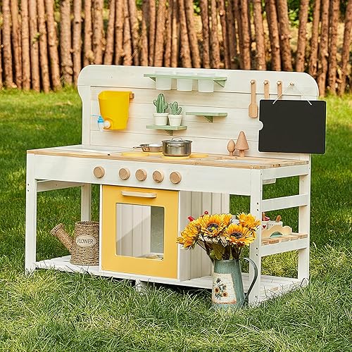 Giant bean Mud Kitchen for Kids Outdoor, Deluxe Wooden Toy Play Kitchen Set, with Sand and Water Sink, Blackboard and Kitchen Accessories for Boys and Girls Ages 3-8 Indoor & Outdoor Activities