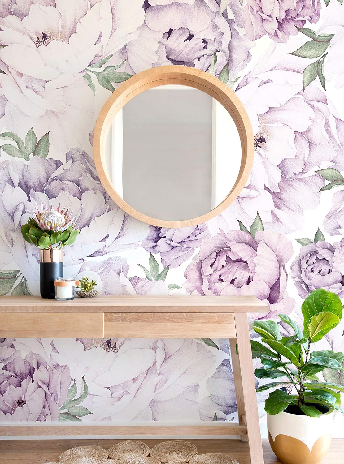 Simple Shapes Peony Flower Mural Wall Art Wallpaper 5 Sheet Pack (2x9 Feet), Mixed Lavender Purple