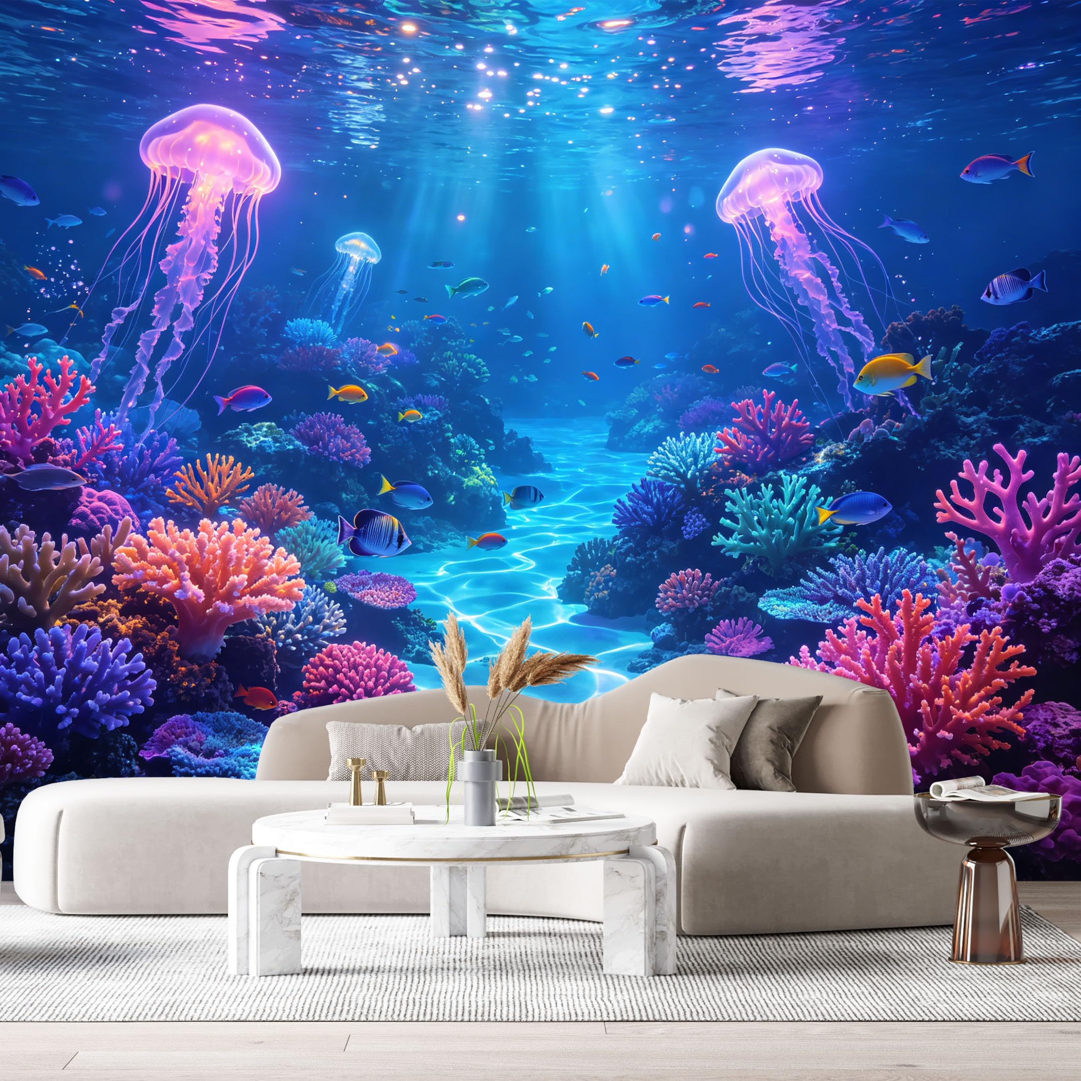 Custom Size Wall Murals Ocean Marine Watercolor Glowing Jellyfish Colorful Coral Reef Underwater World SelfAdhesiveWall Fabric Removable Wallpaper Wall Decor for Living Room Bedroom Bathroom