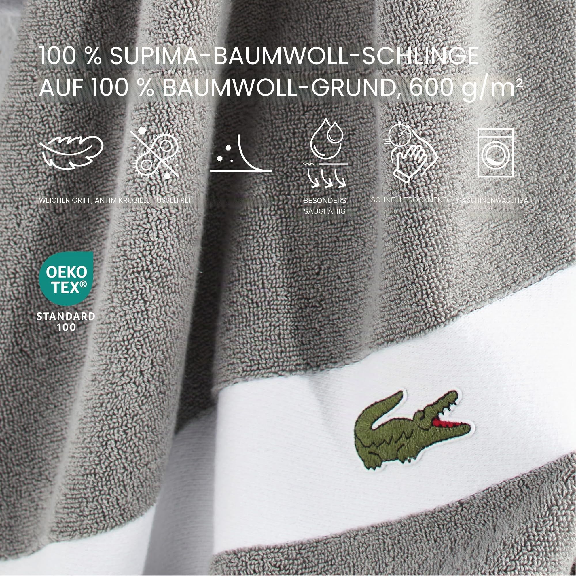 Lacoste Sport Stripe Cotton 6-teiliges Luxus-Handtuch-Set Badetücher Handtücher Waschlappen Meteorit