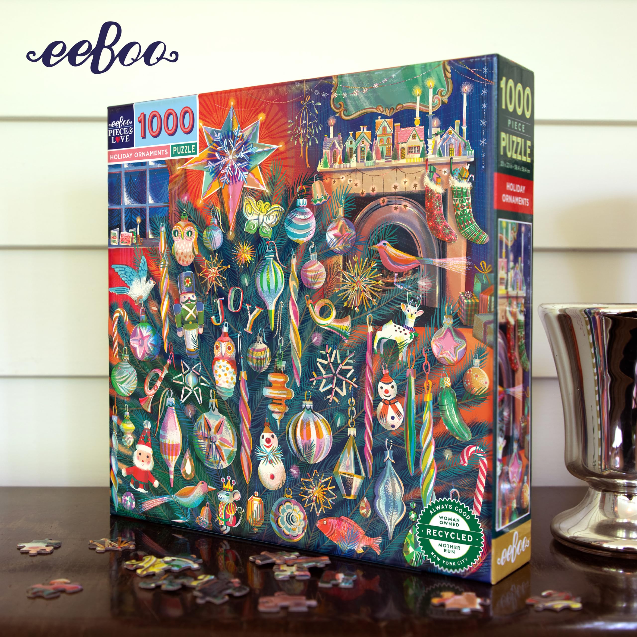 eeBoo Sztuka i miłość: Ozdoby świąteczne - 1000 elementów Puzzle - Kwadratowa układanka świąteczna dla dorosłych, 23 x 23, zawiera wkładkę do obrazu, błyszczące elementy