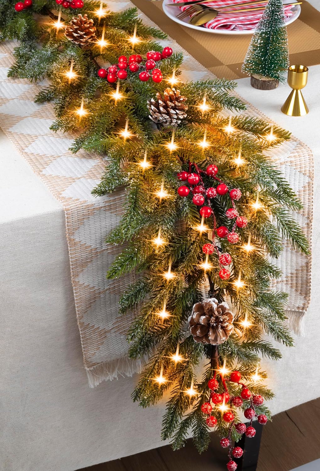6.5FT Christmas Garland with Lights,Prelit Christmas Decorations,Lighted Garland with Battery Operated,Denser Realistic Pine Needles Greenery Home Decor for Mantle Fireplace Table Indoor Outdoor