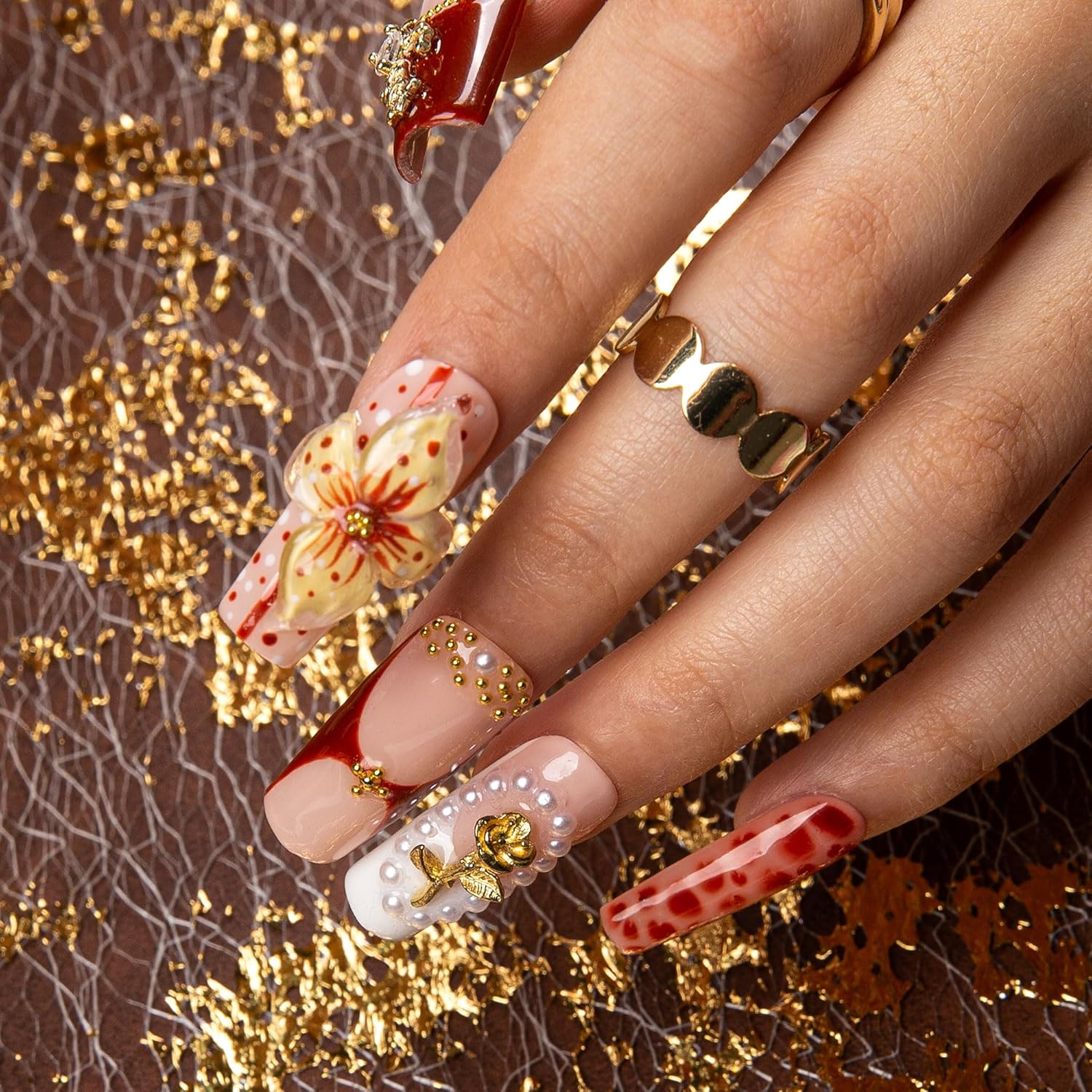 LOVFUL Press on Nails Vintage Boho Chic | Handmade with Full Covered Crystals | Reusable Full Cover Nails | Square Classic Regular 1.3 in | H365-M