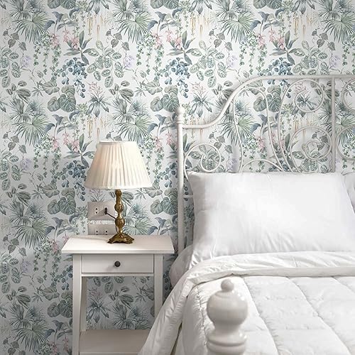 Vista 76 de Ismoon Papel tapiz verde para despegar y pegar, diseño bohemio floral y hojas en papel adhesivo grueso, papel adhesivo botánico oscuro, extraíble