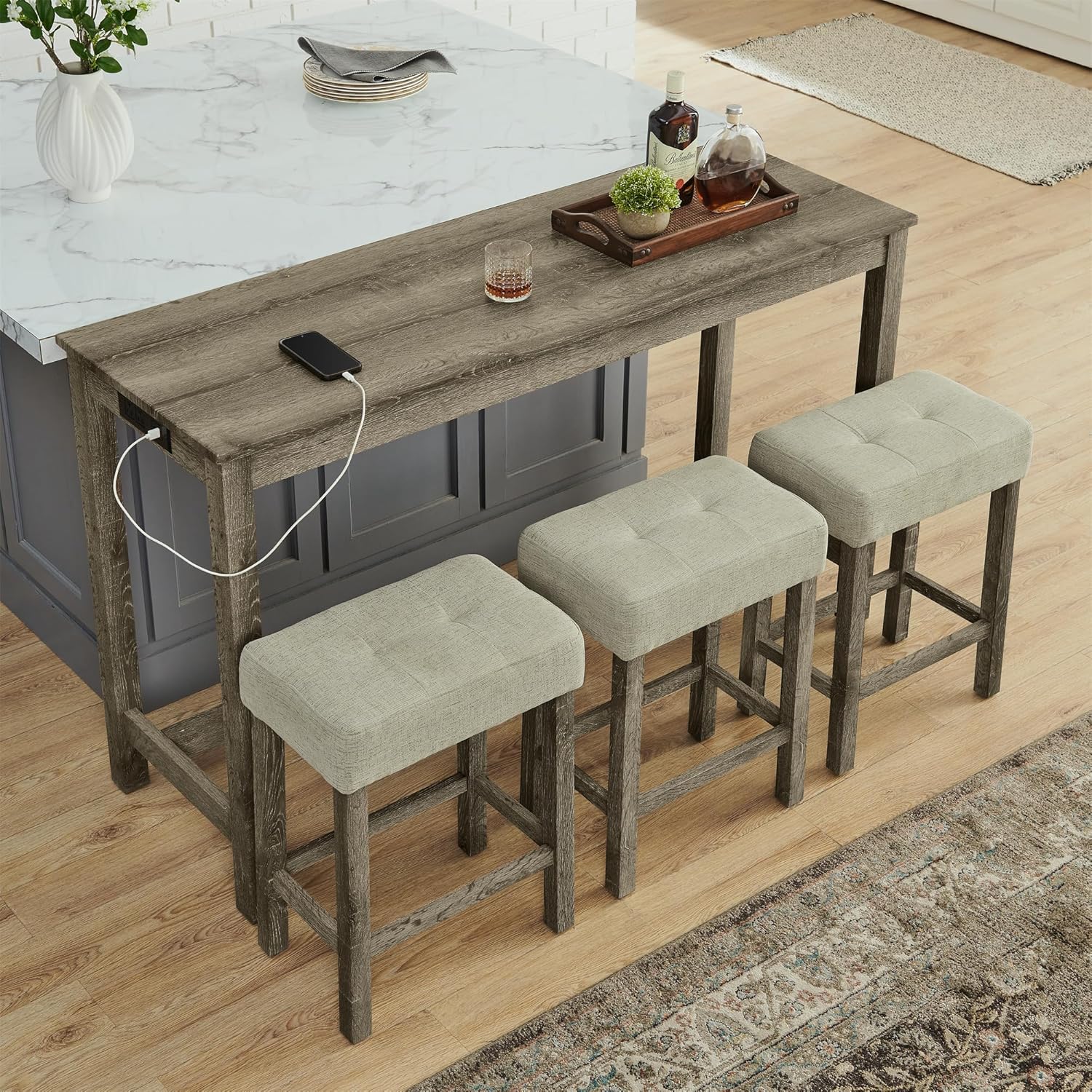 KEIKI 4-Piece Bar Table Set with Charging Station - 59" Industrial Kitchen Table & 3 Upholstered Stools, USB/Type-C/AC Outlets, Solid Wood Frame - for Dining Room, Apartment, Living Room (Grey)
