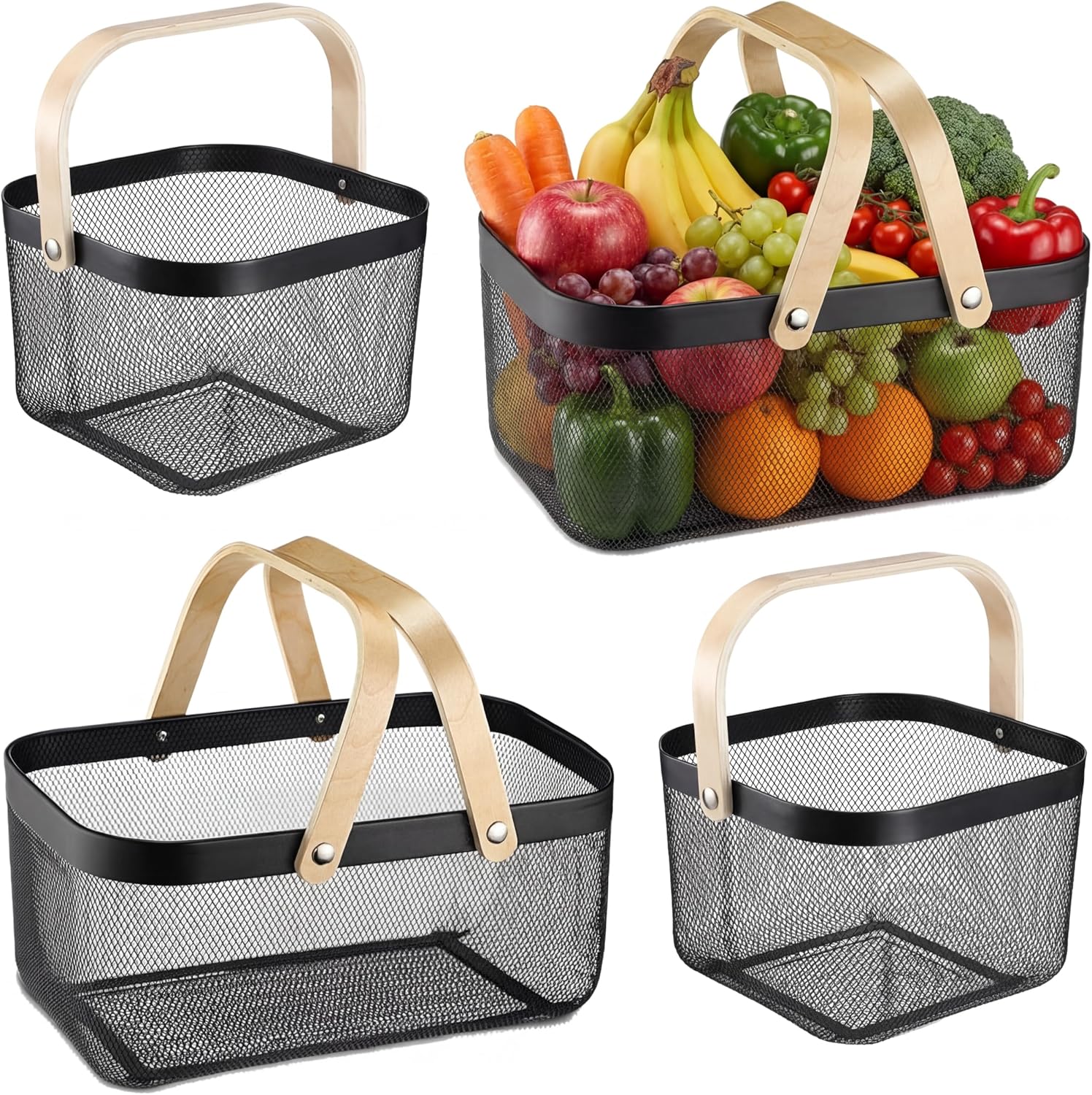 Zonon 4 Pack Harvest Garden Baskets, 2 Size Metal Mesh Harvest Storage Basket with Foldable Wooden Handle, Rectangle Durable Vegetables Fruit Basket for Garden Bathroom Kitchen Organizing, Black