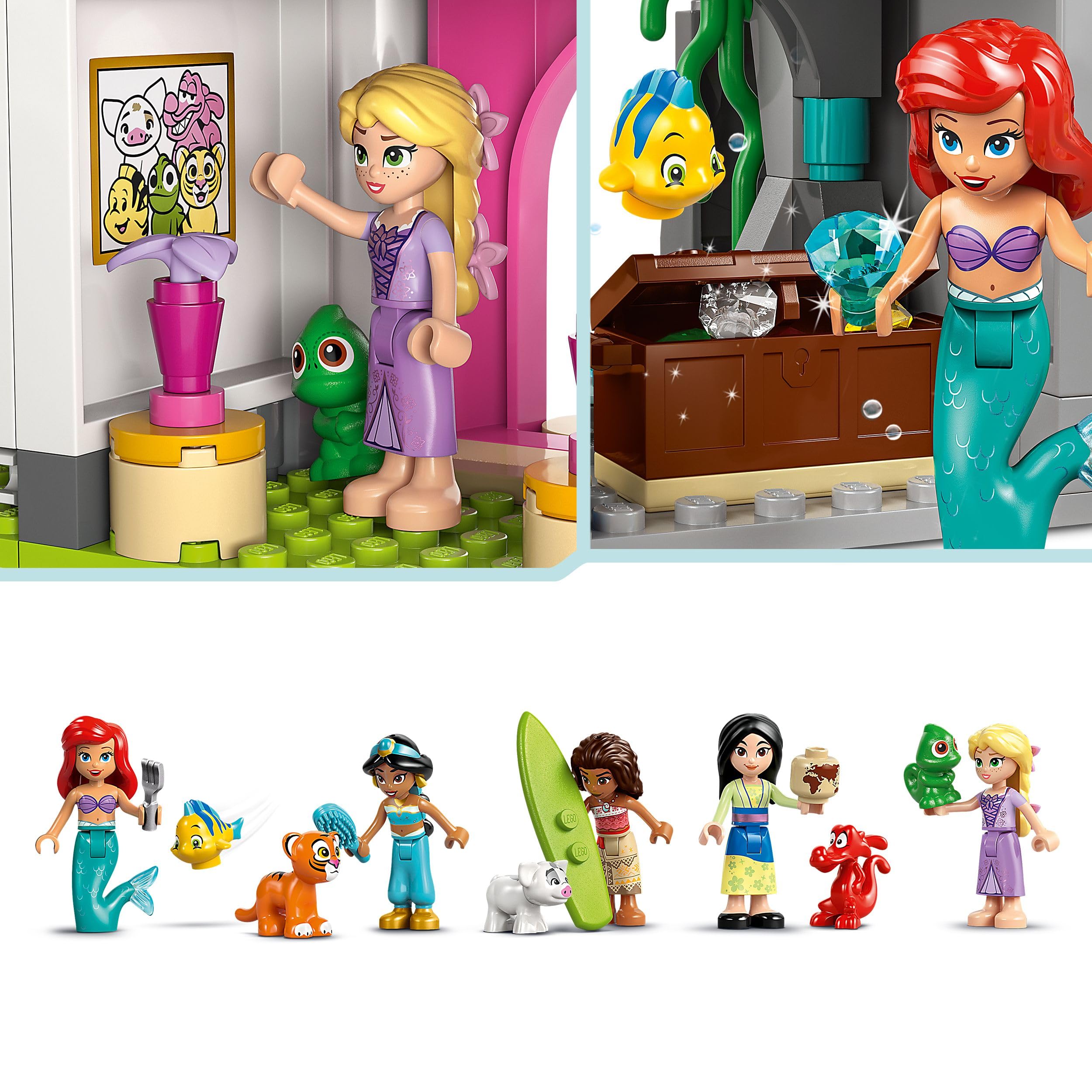 LEGO ǀ Disney Princess Zamek księżniczek i królewskie zwierzaki 43267 | Modułowy zamek i 10 postaci Disneya, zabawka dla 6-latki, prezent dla dziewczynki i chłopca, klocki dla dzieci, 787 elementów