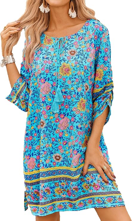 HOTOUCH Womens Summer Casual Beach Dresses O Neck Long Sleeve Loose