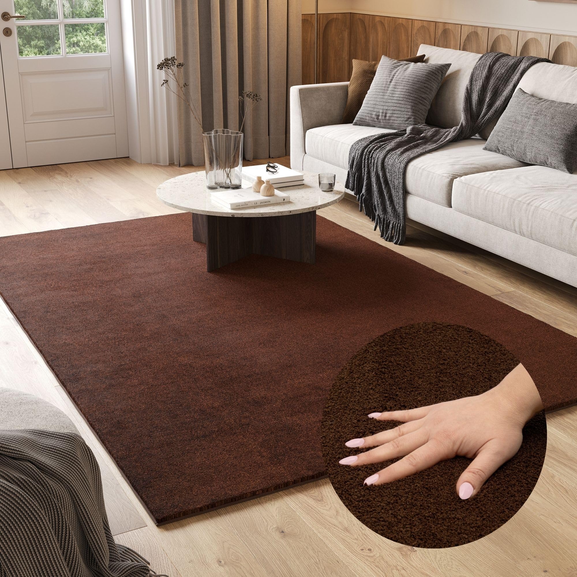 TAPISO Cuddle Teppich Hochflor Langflor Braun Dunkelbraun Shaggy Einfarbig rutschfest Waschbar Wohnzimmer Schlafzimmer Kinderzimmer ÖKOTEX 160 x 220 cm