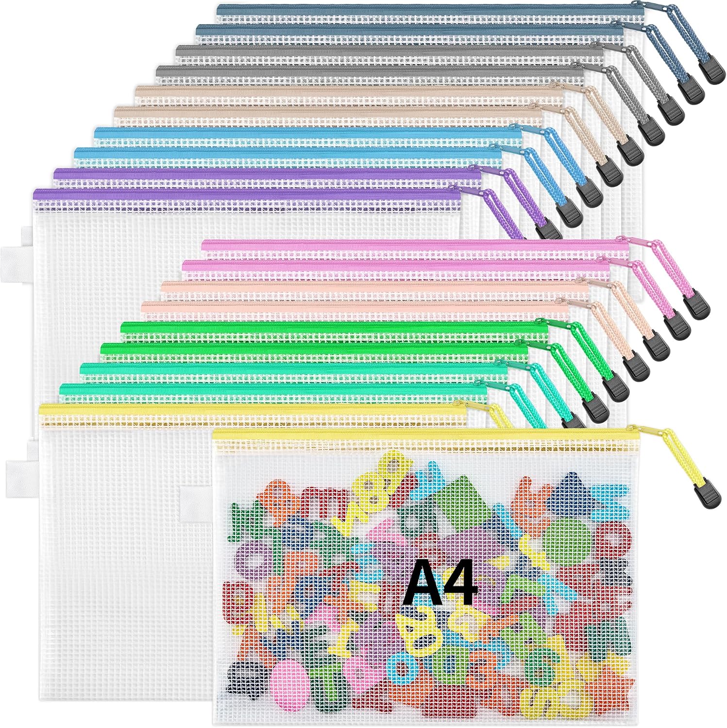 JarThenaAMCS 50-Pack A4 Mesh Zipper Pouch Bags – 5 Pastel Colors, Waterproof, 13.4x9.4 Inches - View #10