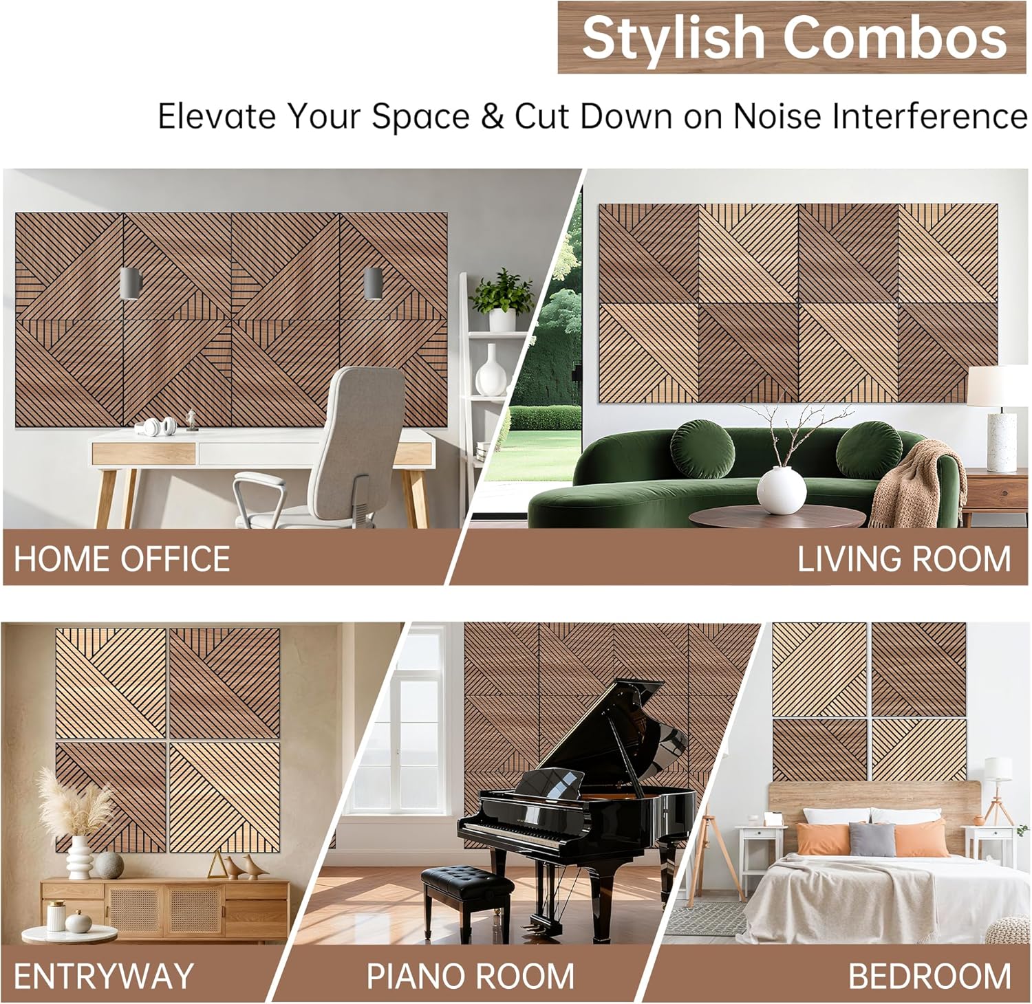 Mollywell Art Acoustic Wall Panels, 24x24 Inch 8 Pack, Wood Veneer, Sound Absorbing Self-Adhesive Wall Decor, Thread and Prism Woven Patterns, Walnut, for Home & Studio