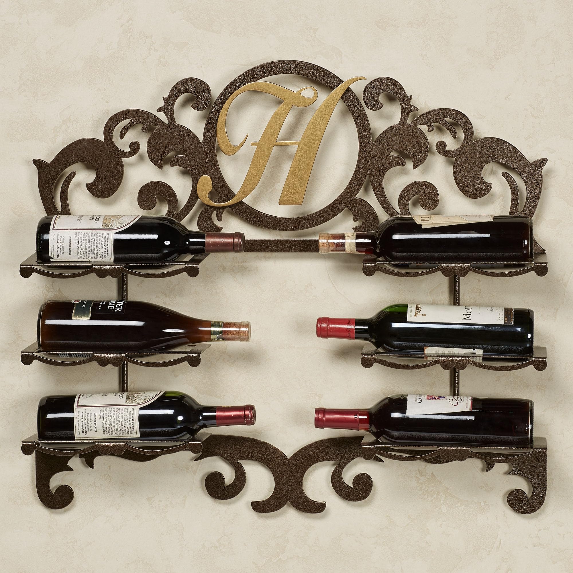 Touch of Class San Martin Monogram Wall Wine Rack - Handcrafted Steel - Custom Letter Last Name Decor - Decorative Metal Initial Display for Hallway, Living Room, Foyer Gold/Bronze